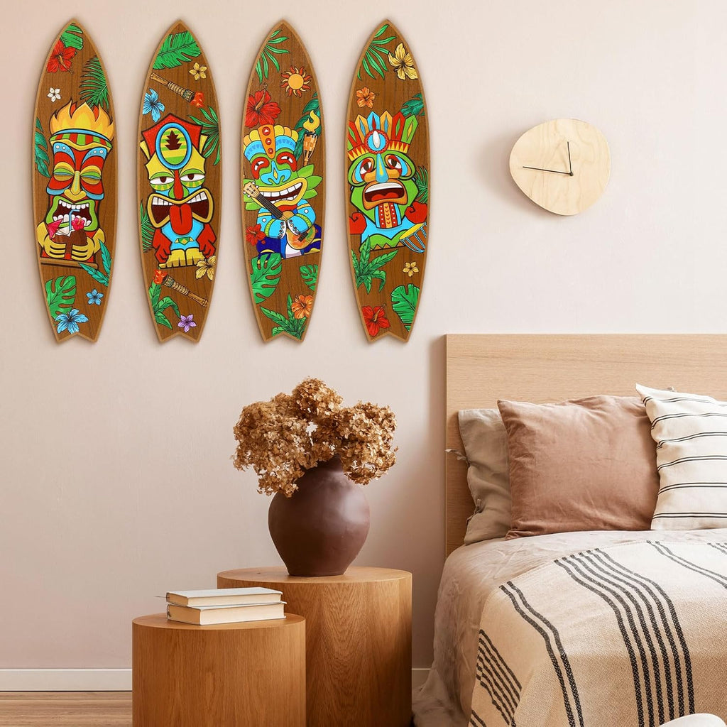 Blulu 4 Pcs Surfboard Wall Decor Surfboard Wall Hanging Sign Wooden Beach Decoration Summer Theme Decor Hawaiian Luau Party Decoration for Home Bar Aloha Tropical Birthday Party(Tiki) wourant