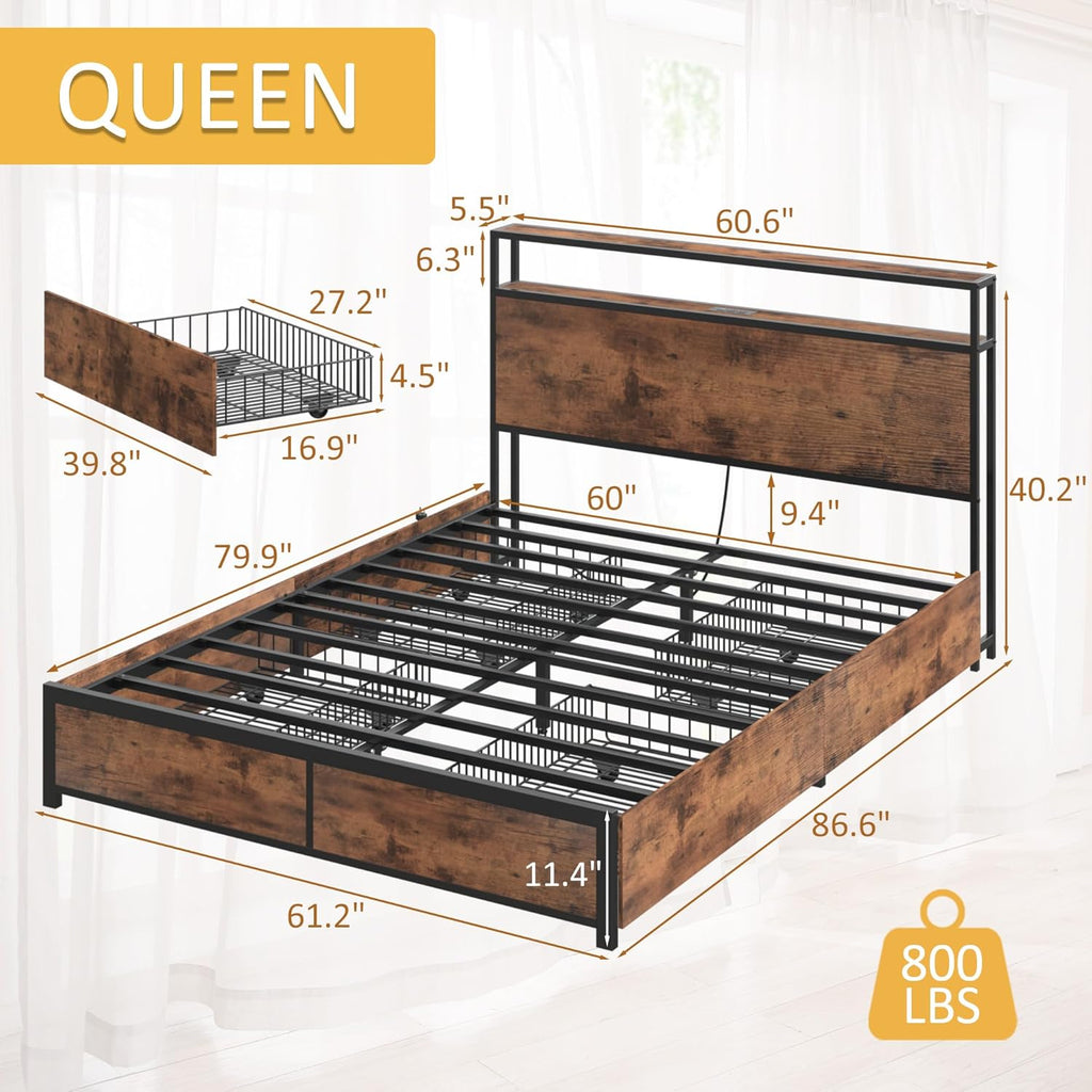 Lifezone Queen Bed Frame with 2-Tier Storage Headboard, Metal Platform Bed Frame with 4 Storage Drawers, Built in Charging Station & LED, Noise-Free/Metal Support/No Box Spring Needed wourant