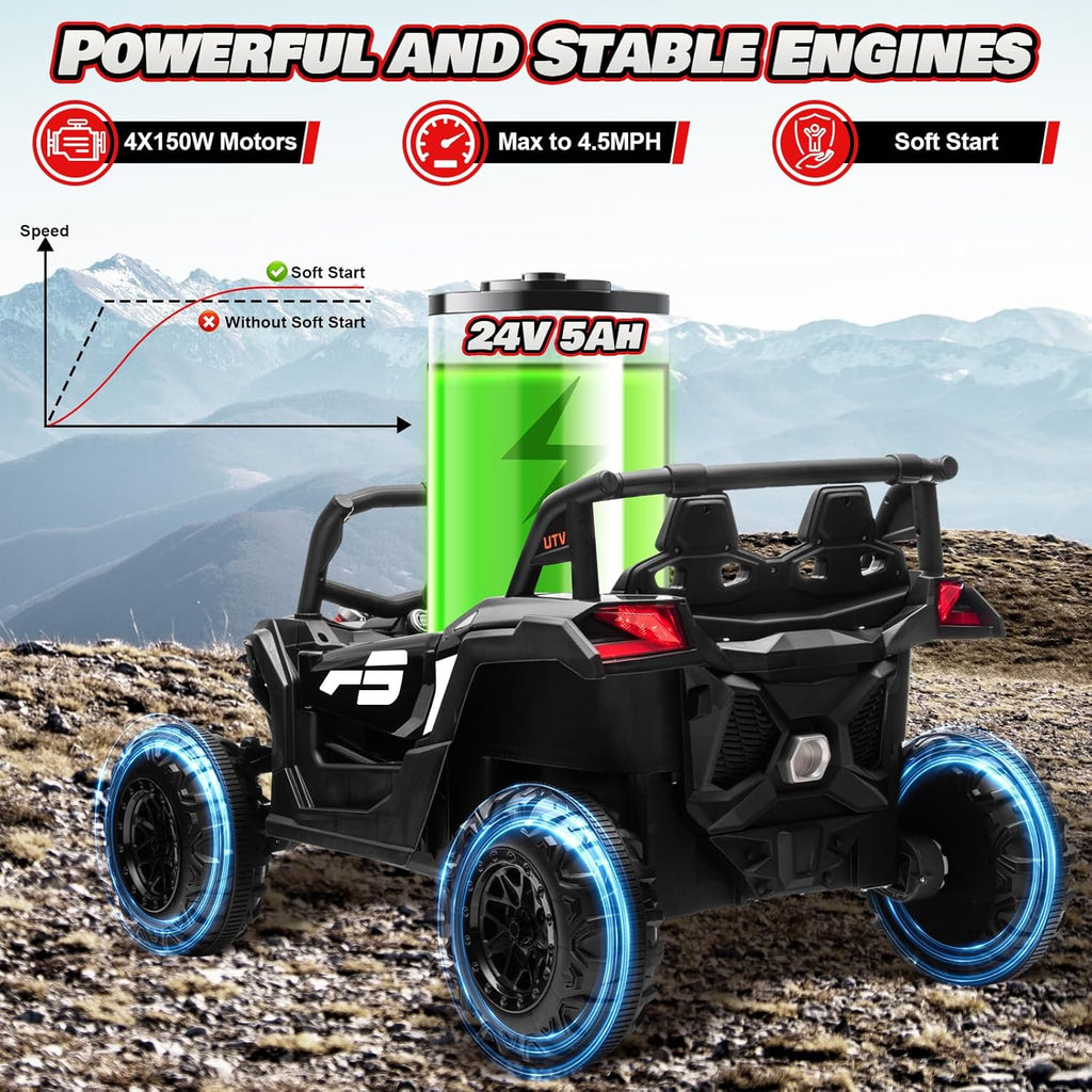JOYRACER Kids Remote Control Car with 4 x 150W Motors, Shock Absorbers, Bluetooth, MP3 Player, and Headlights wourant
