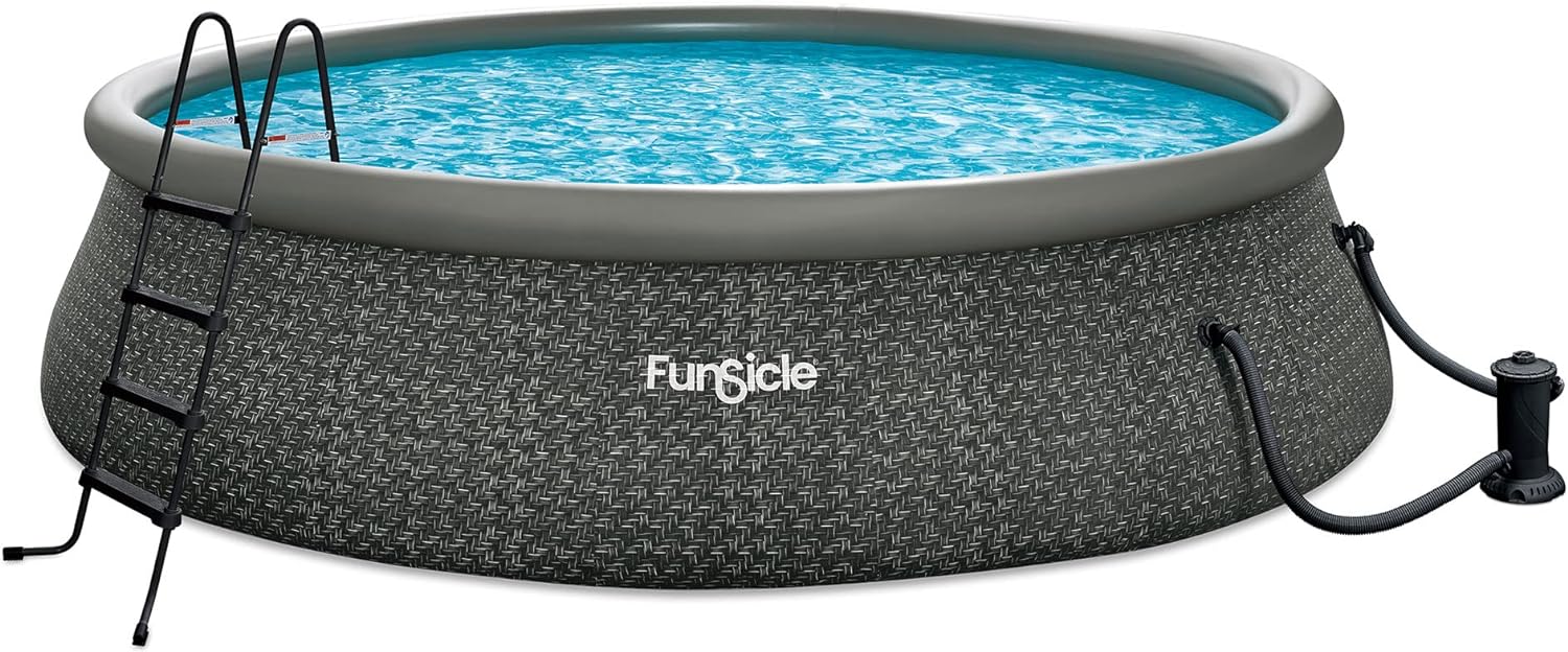 Funsicle 12 Foot by 36 Inch Quickset Round Inflatable Ring Top Outdoor Above Ground Swimming Pool Set with Pump and Cartridge Filter, Dark Herringbone wourant