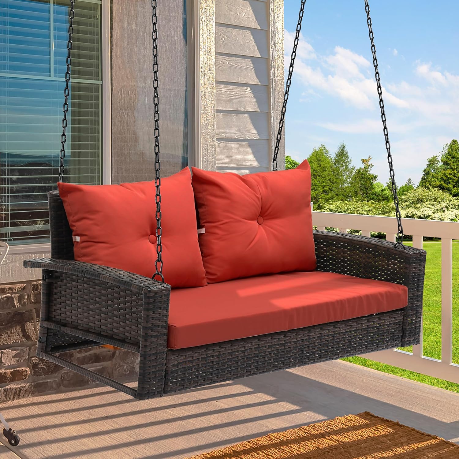 YITAHOME Hanging Porch Swing Chair Sits 3 People, Wicker Outdoor Swing Bench, Patio Lounge Chair, 1 Seating Cushion and 3 Back Cushions, w/Removable Covers, for Garden, Balcony, Backyard, Brown wourant