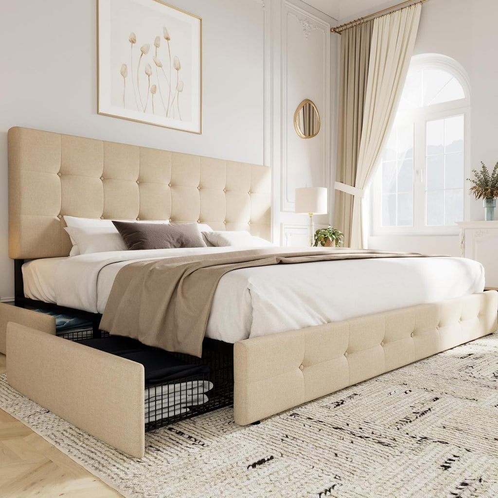 Allewie Upholstered Queen Size Platform Bed Frame with 4 Storage Drawers and Headboard wourant