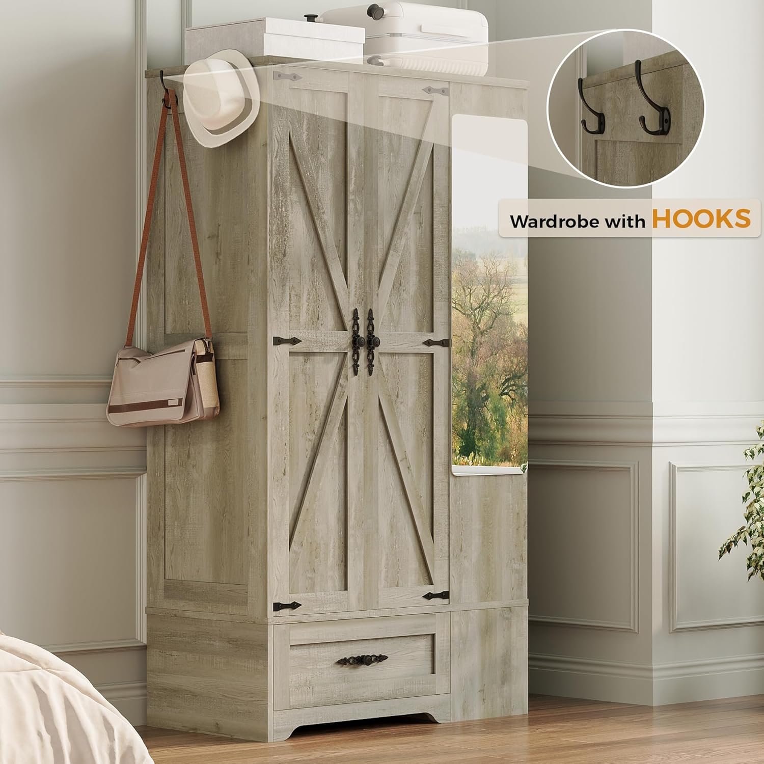 ANCTOR Armoire Wardrobe Closet with Mirror, 70" H Wooden Bedroom Armoires and Wardrobes wourant