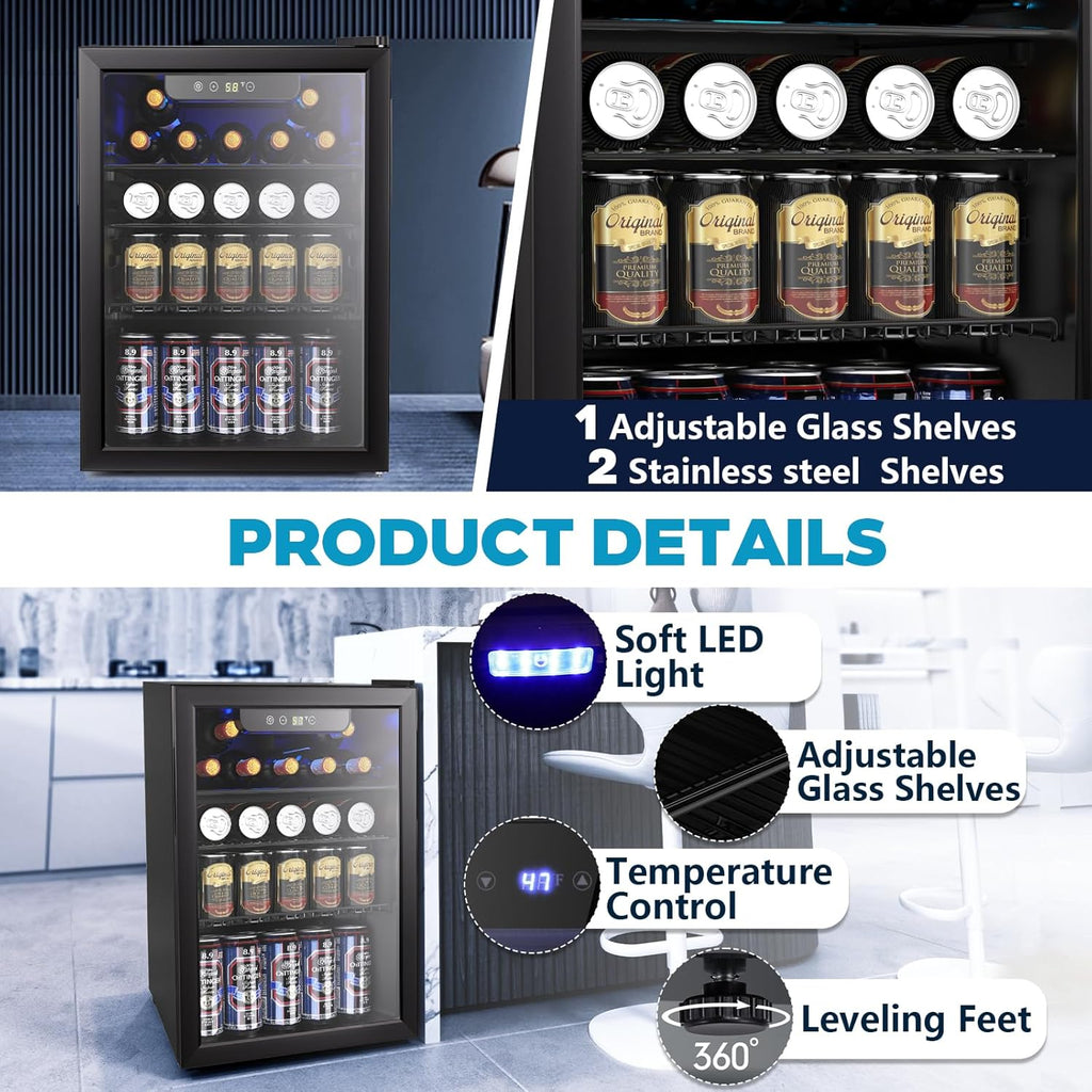 Mini Fridge 130 Can Beverage Refrigerator Cooler, 3.2 Cu.Ft Drink Fridge for Soda Wine Beer, Adjustable Temperature Control for Home Office, Black wourant