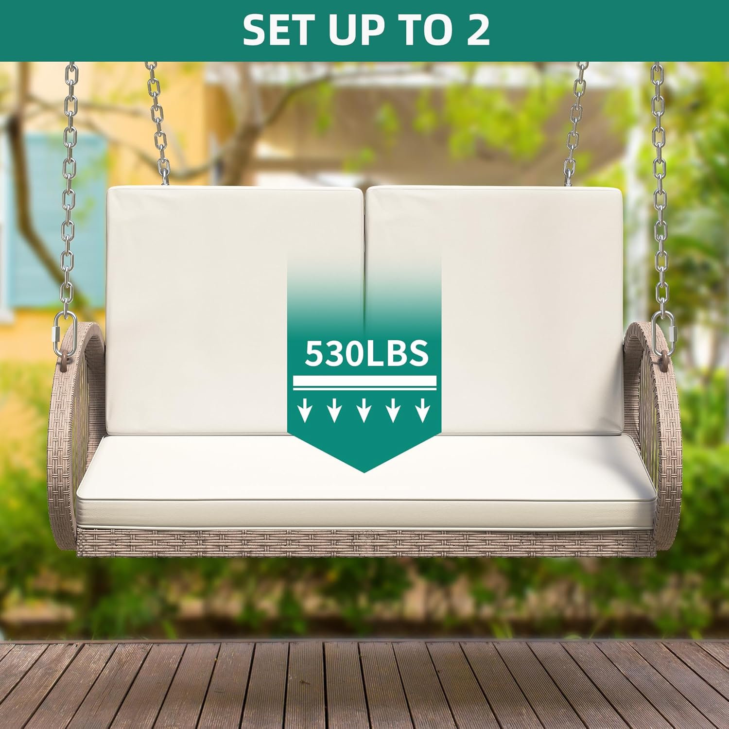 YITAHOME Hanging Porch Swing Chair Sits 3 People, Wicker Outdoor Swing Bench, Patio Lounge Chair, 1 Seating Cushion and 3 Back Cushions, w/Removable Covers, for Garden, Balcony, Backyard, Brown wourant