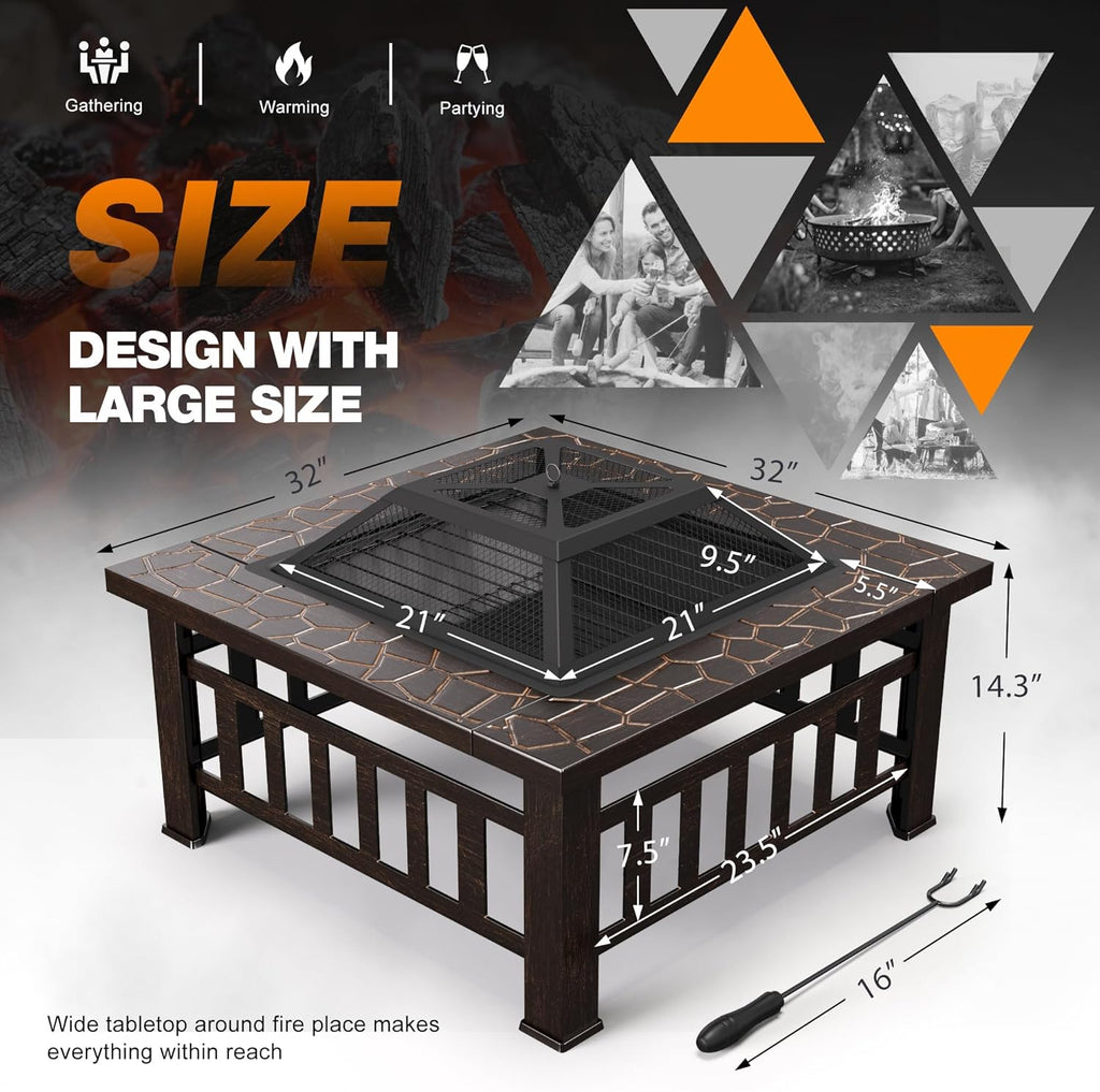 Devoko Outdoor Fire Pit, 32 Inch Firepit Table Metal Outdoor Fireplaces with Waterproof Cover for Outside Patio Camping wourant
