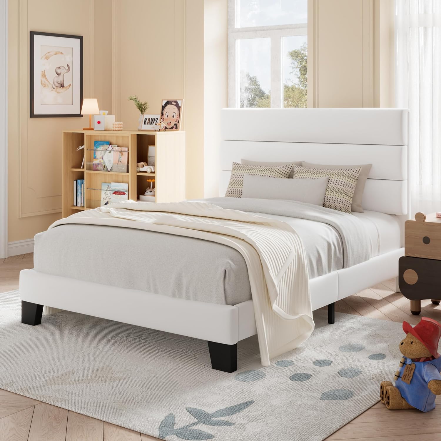 Allewie Queen Size Platform Bed Frame Fabric Upholstered Headboard Wooden Slats Support wourant