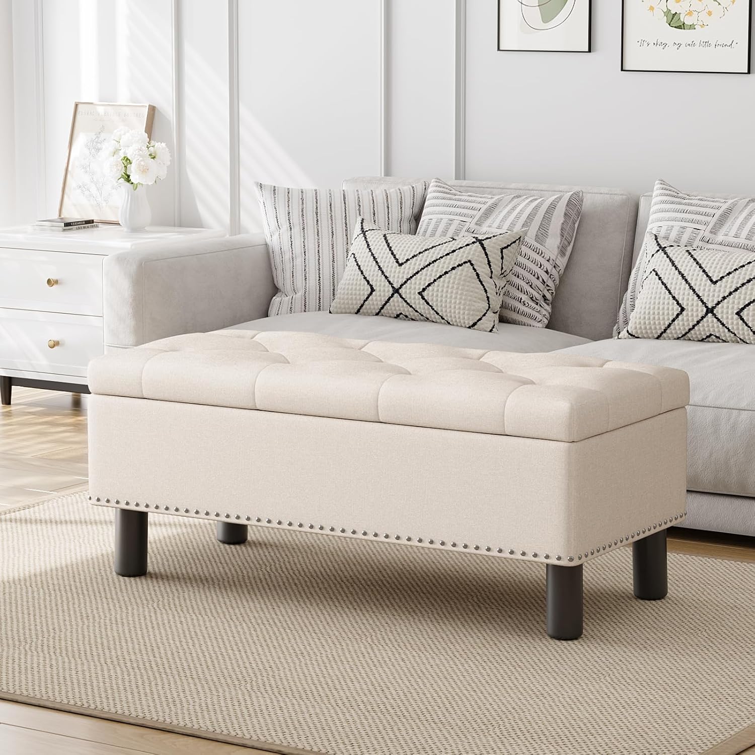 Furniliving Modern Storage Ottoman Bench, Sherpa Ottoman End of Bed Bench with Solid Wood Legs Upholstered Ottoman Benches with Storage Indoor Bench wourant