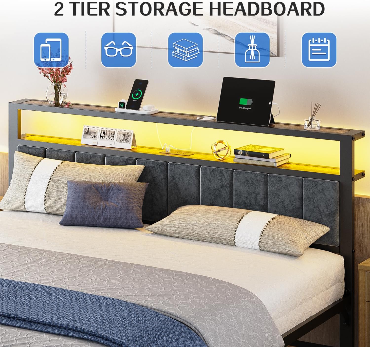 Queen Size Bed Frame with 2-Tier Storage Shelves Headboard Platform Bed Charging Station wourant