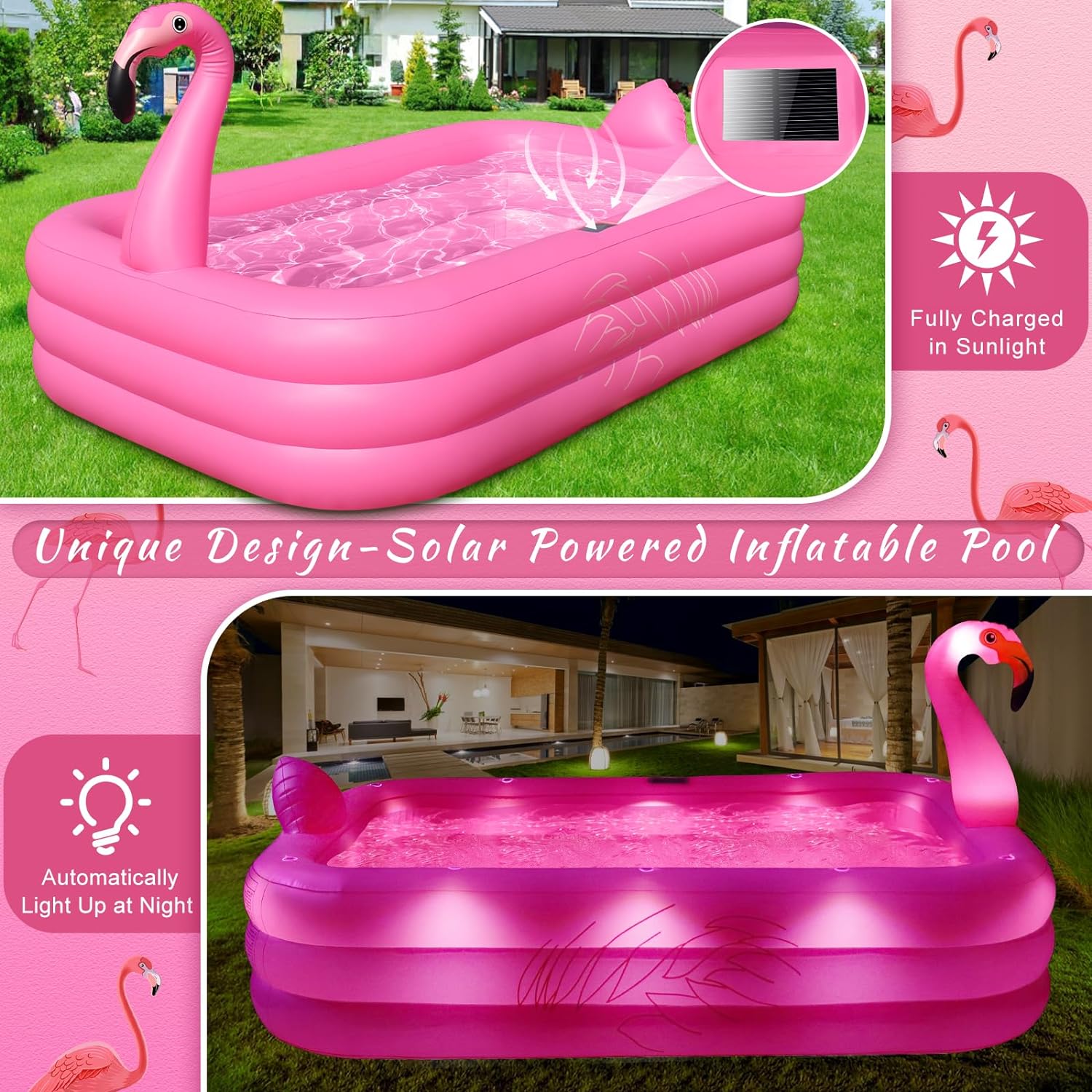 Inflatable Pool with Lights, Solar Flamingo Swimming Pool for Kids,Adults Inflatable Blow up Pool, Large Kiddie Pool, Durable Thickened Inflatable Family Pool for Backyard,Outdoor,105"x65"x25" wourant