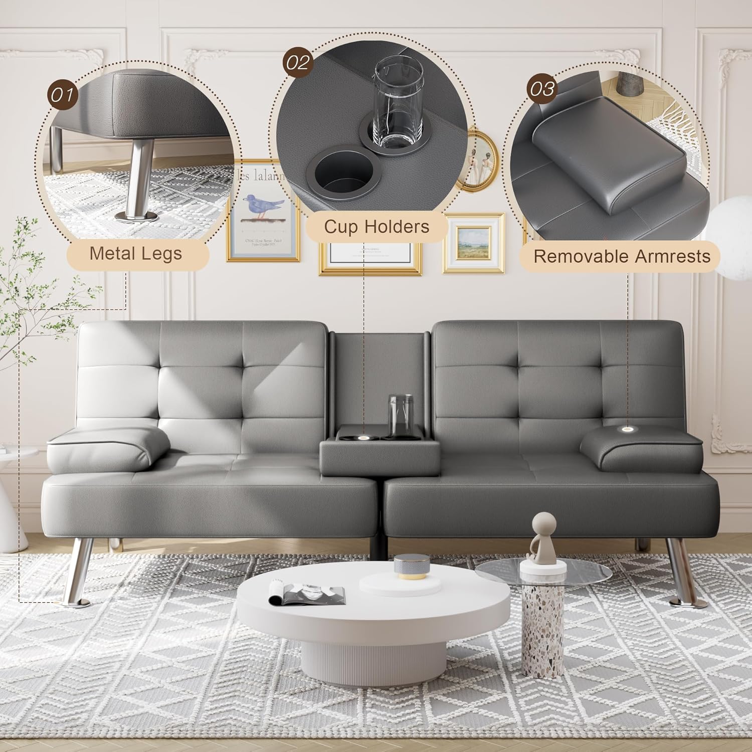 Shahoo Convertible Folding Futon Sofa Bed Sleeper Couch for Living Room Faux Leather wourant