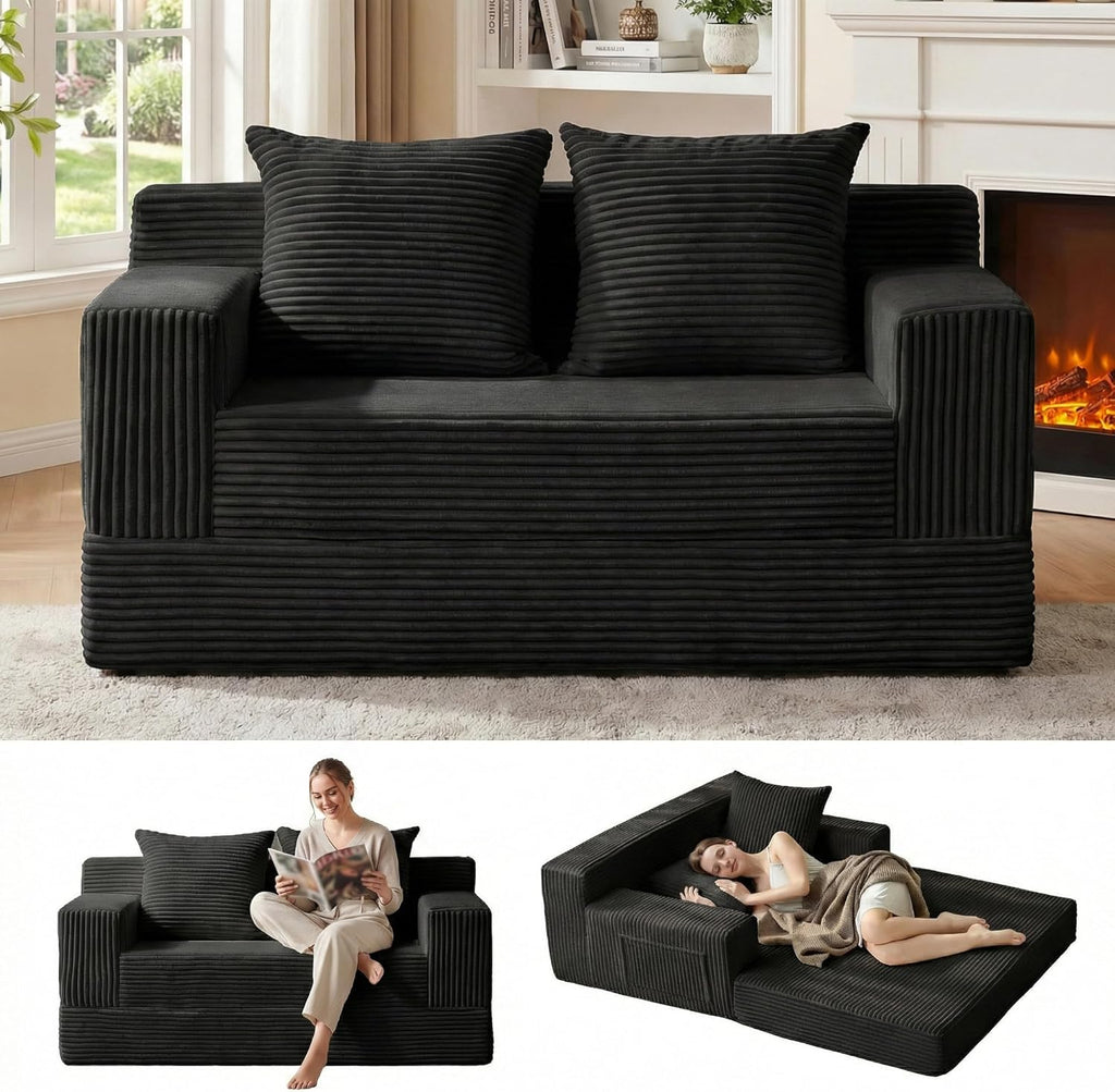 Loveseat Boneless Convertible Sofa Bed, Folding Floor Futon Sleeper Sofa Couch Bed- Boneless Foldable Couch, Corduroy Pull Out Sofa Bed with 2 Pillows for Living Room & Bedroom wourant