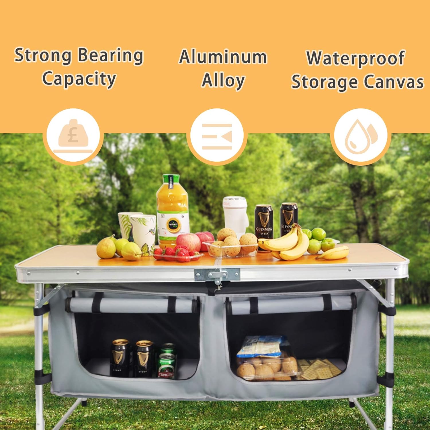 Outdoor Folding Table Aluminum Lightweight Height Adjustable with Storage Organizer for BBQ, Party, Camping wourant