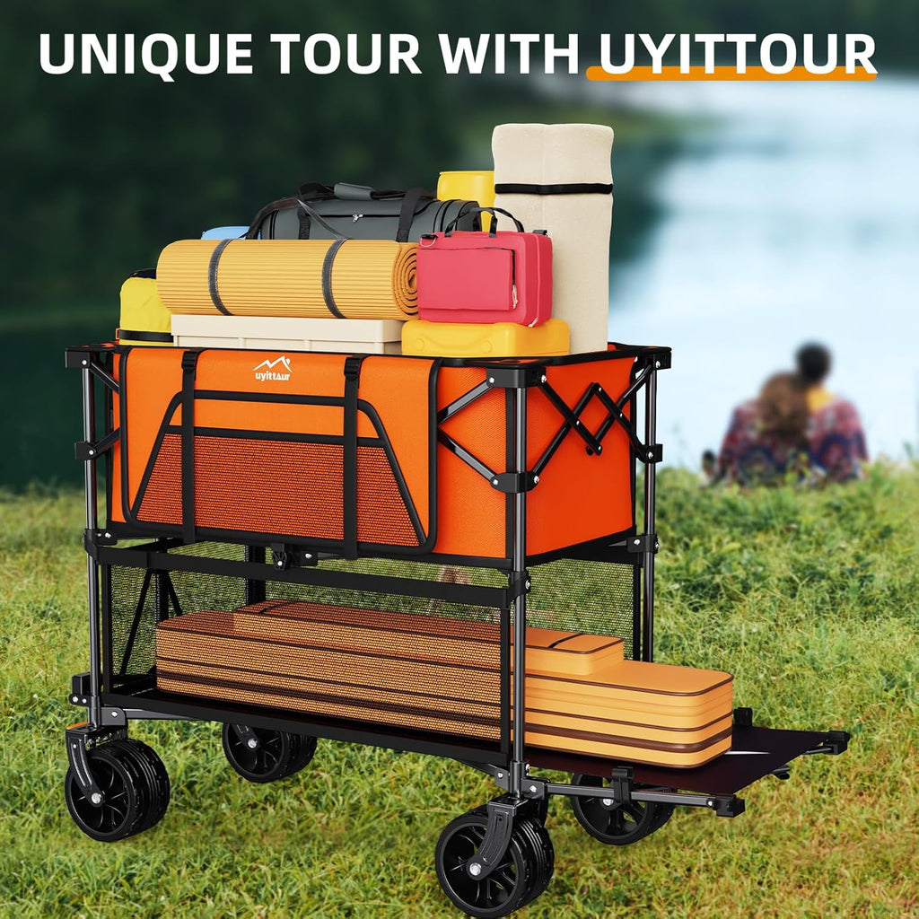 Foldable 50''L Extra Long Double Decker Wagon for Sport, 400L Collapsible Heavy Duty Wagon Cart with Big Wheels, Utility All-Terrain Large Extender Cart for Outdoors wourant