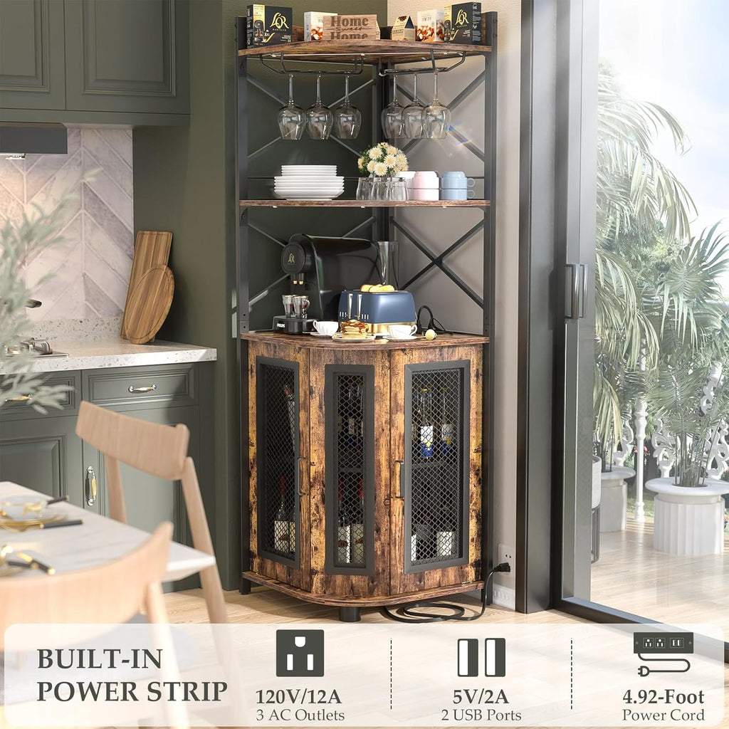 Corner bar cabinet with power socket, industrial style wine cabinet with LED light strip and glass rack, home five-layer wine cabinet bar unit, small space corner display cabinet wourant