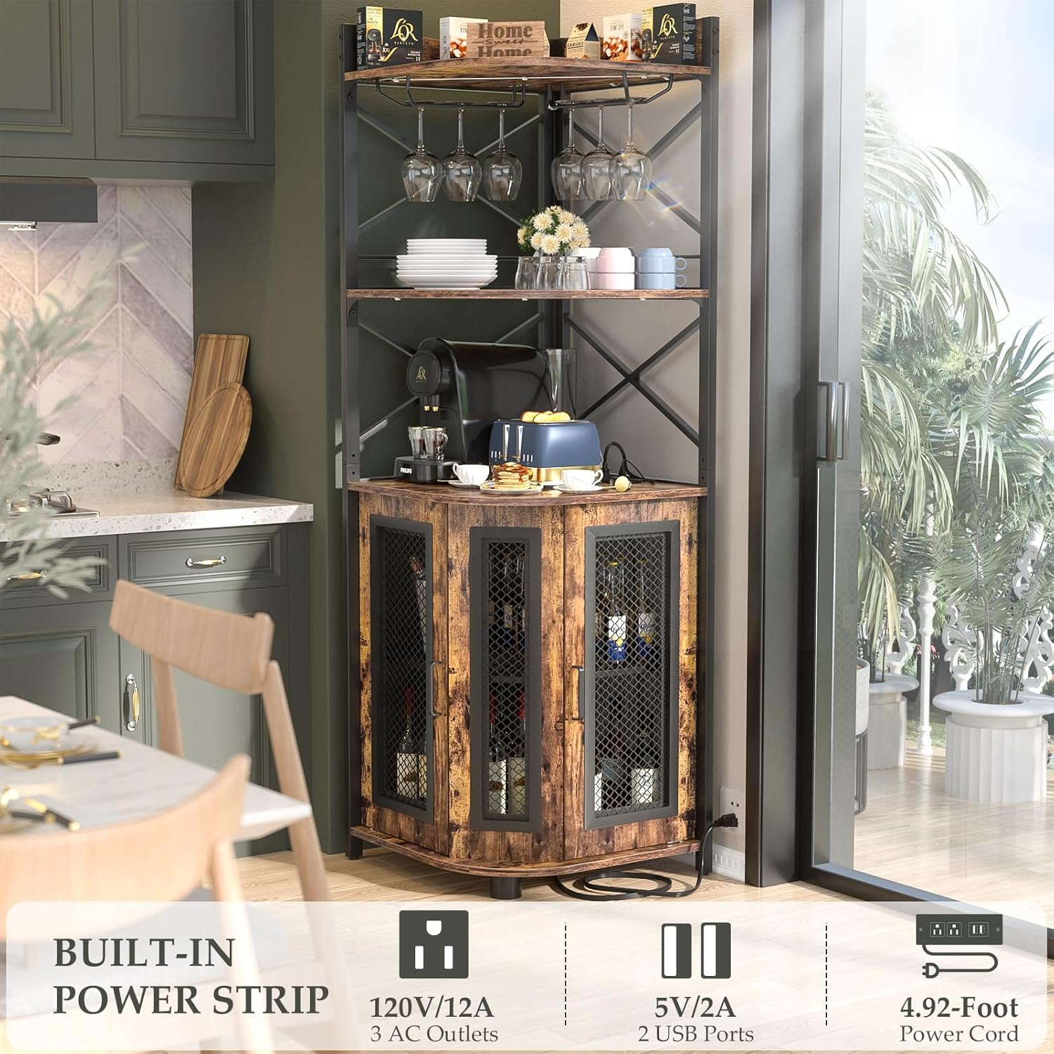 Corner bar cabinet with power socket, industrial style wine cabinet with LED light strip and glass rack, home five-layer wine cabinet bar unit, small space corner display cabinet wourant