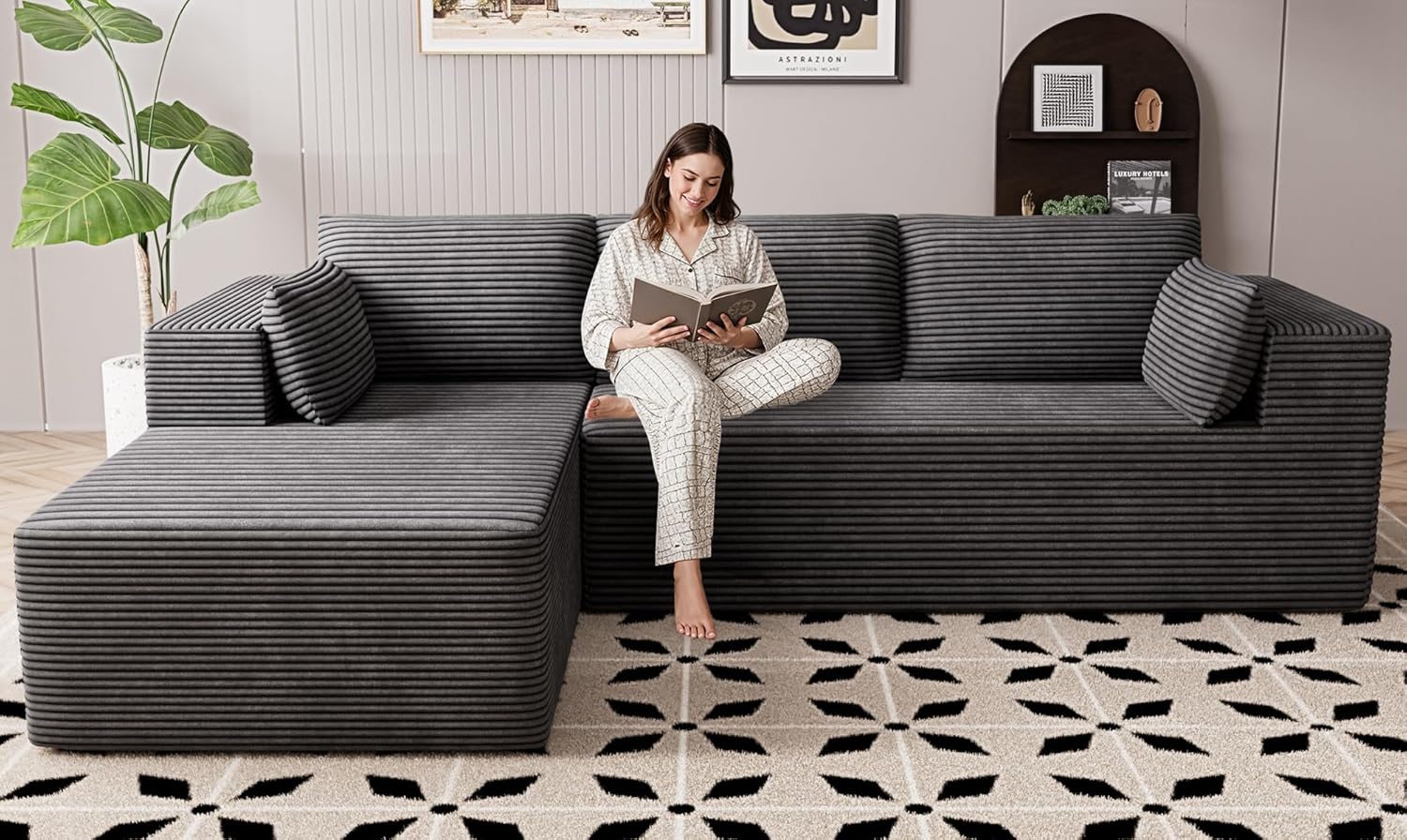 Cloud Sectional Boneless Couches for Living Room, Modular L Shaped Couch with Deep Seat Oversized Right Facing Chaise, Memory Foam Compressed Spineless 3 Seater Sofa for Apartment, Black | No Assembly Required, Deep Seat, Cat-Claw Resistant, High-Resilien wourant
