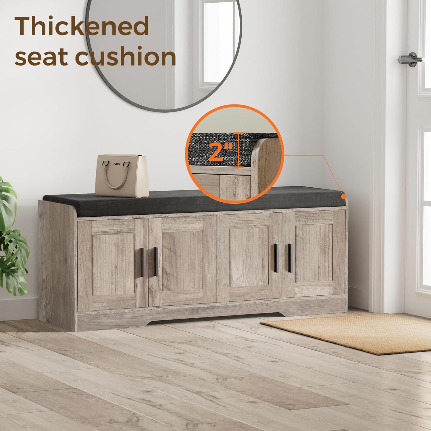2-Tier Storage Bench, Shoe Bench with Thickened Padded Seat Cushion, Entryway Bench with 4 Doors, Adjustable Shelf, 13.8" D x 45.3" W x 18.5" H, for Entryway, Living Room, Bedroom, White wourant