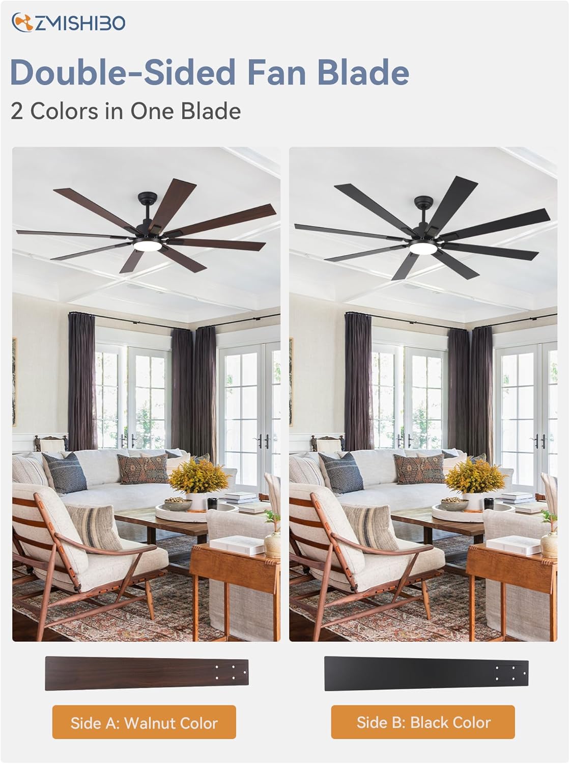 ZMISHIBO 72 inch Large Ceiling Fans with Lights and Remote, Indoor/Outdoor Black Modern Ceiling Fan for Kitchen Living Room Patio, 6 Speed Reversible Quiet DC Motor, 3 CCT, Dual Finish 8 Blades wourant