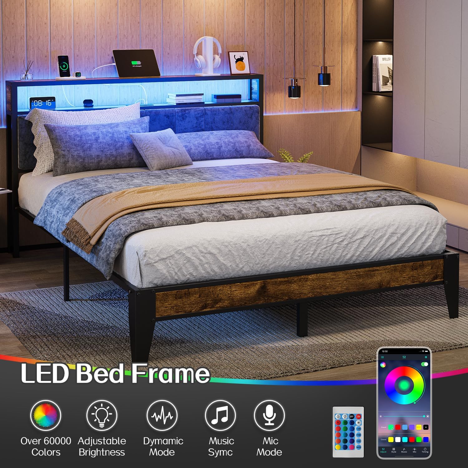 OLEVS Single Bed Frame LED Light Storage Headboard Charging Station Metal Platform Bed wourant