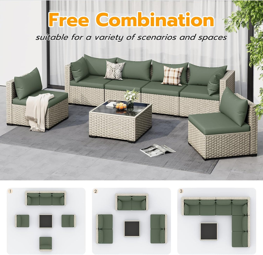 UDPATIO Outdoor Patio Furniture Set, 7-Piece PE Wicker Sectional Sofa with Tea Table, Outdoor Conversation Set for Patio, Garden, Backyard Green wourant