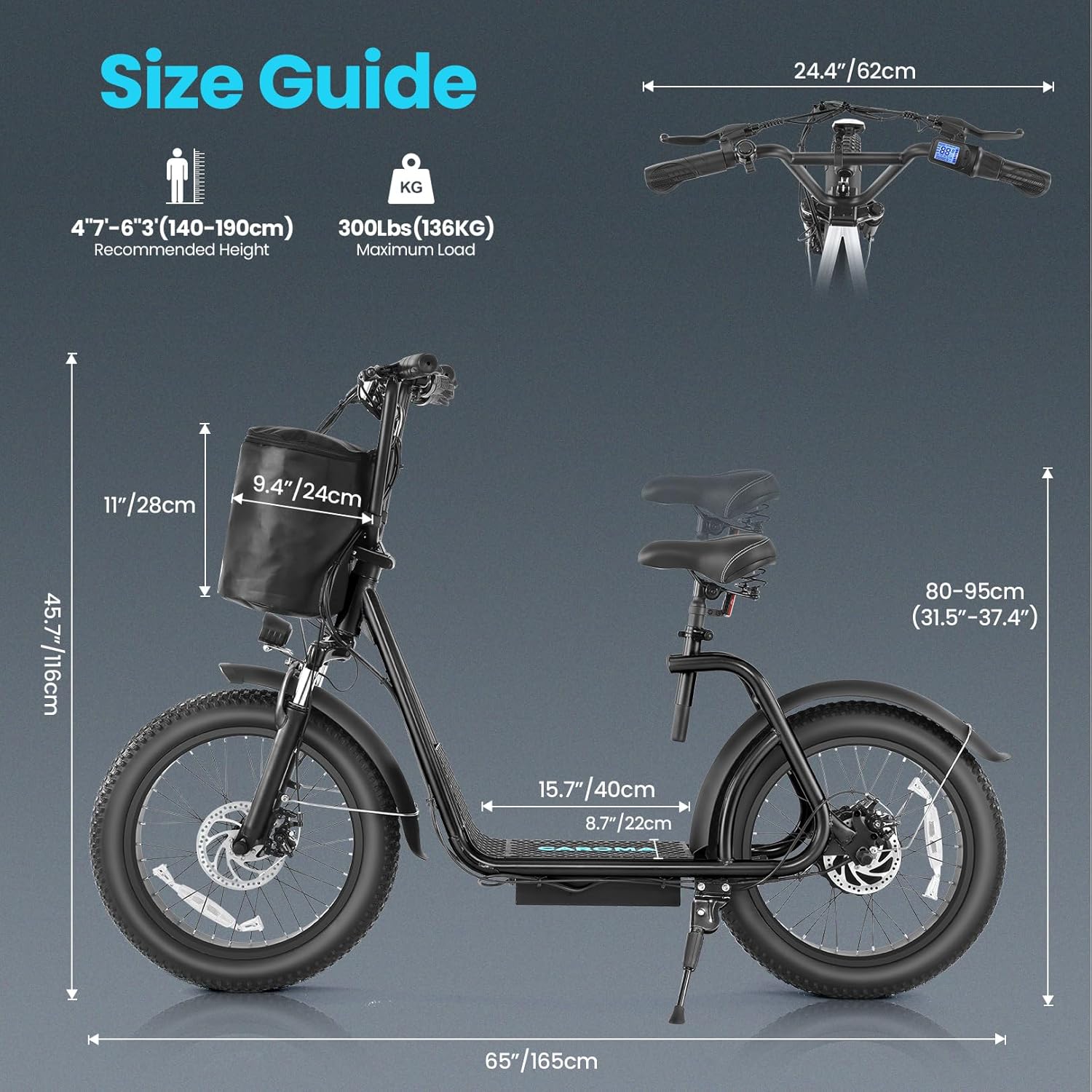 Caroma Peak 800W Foldable Adult Electric Scooter with 20-inch Wide Tires, 48V Battery, Basket, and Adjustable Seat wourant