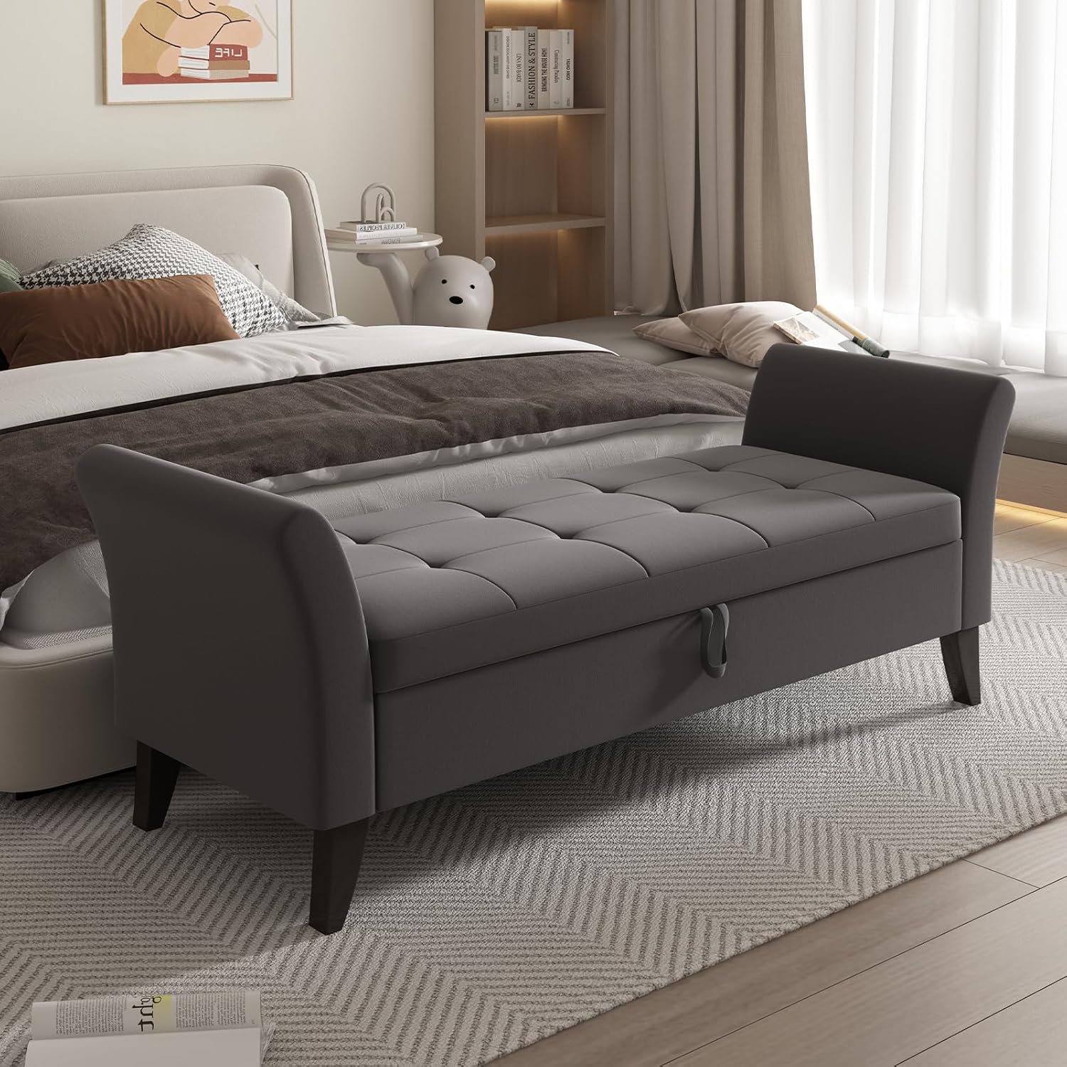 Furniliving Modern Storage Ottoman Bench, Sherpa Ottoman End of Bed Bench with Solid Wood Legs Upholstered Ottoman Benches with Storage Indoor Bench wourant