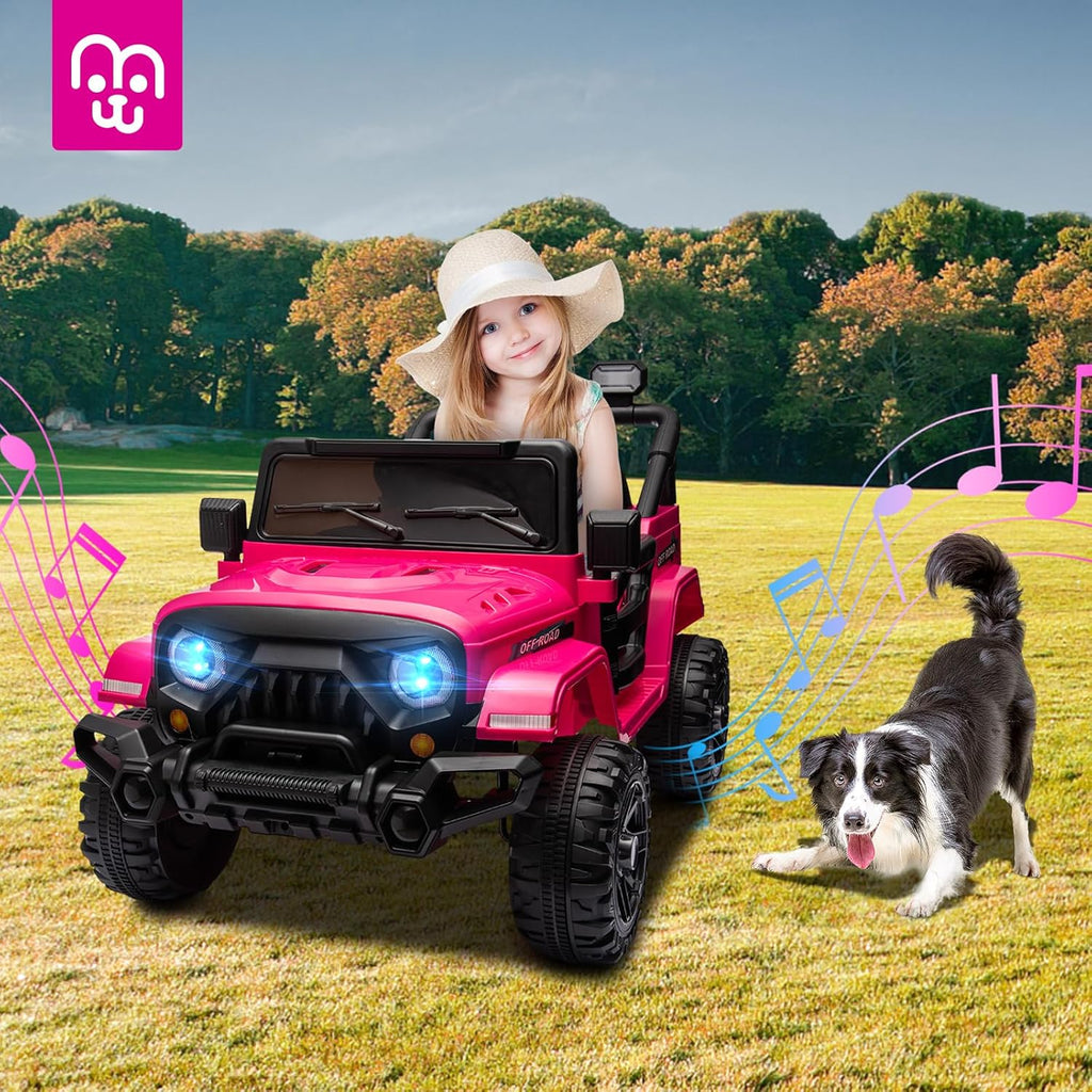 12V Kids Electric Ride on Truck Car Remote Control, Twin 35W Motors 3.5MPH Max Speed, Bluetooth USB Music Player, 4 Wheels Suspension LED Lights Safety Belt, Gift for Boy & Girl-Rosy wourant