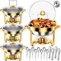 Round Chafing Dishes for Buffet 4 Pack 5 Qt, High Grade Chafing Dish Buffet Set with 12 PCS Serving Utensils,Full Size Pan,Food Warmers for Parties,Buffet,Wedding, Birthday,Camping [Gold] wourant
