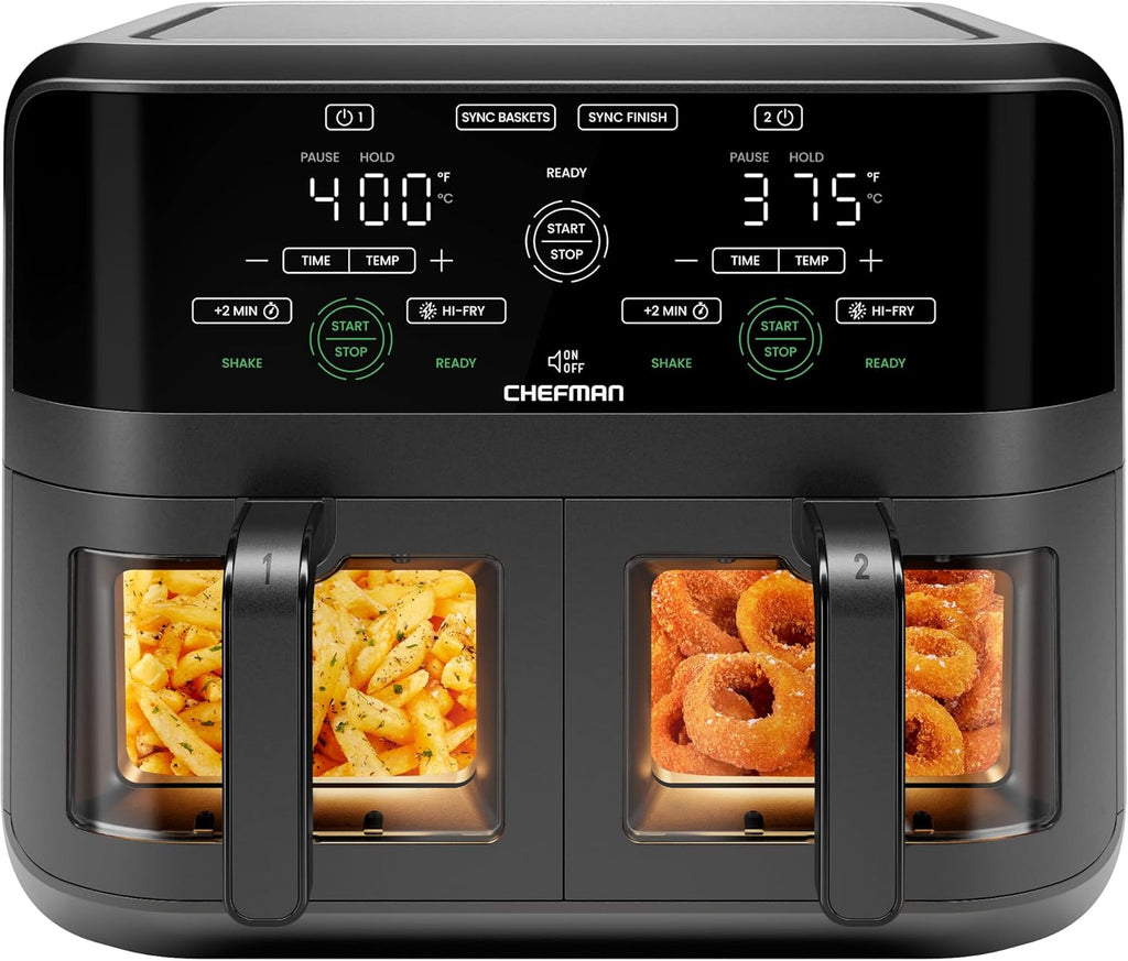 Chefman 6-Quart Double Basket Air Fryer with Easy View Window uses two separate 3-quart nonstick pans. wourant