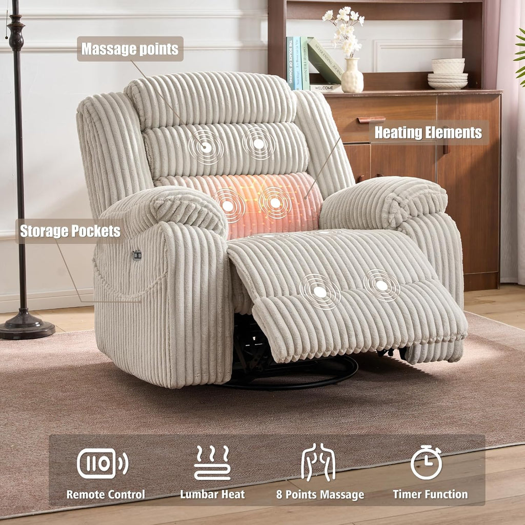 Electric rotary rocker lounge chair for adults with massage and calories, USB and C charging ports wourant