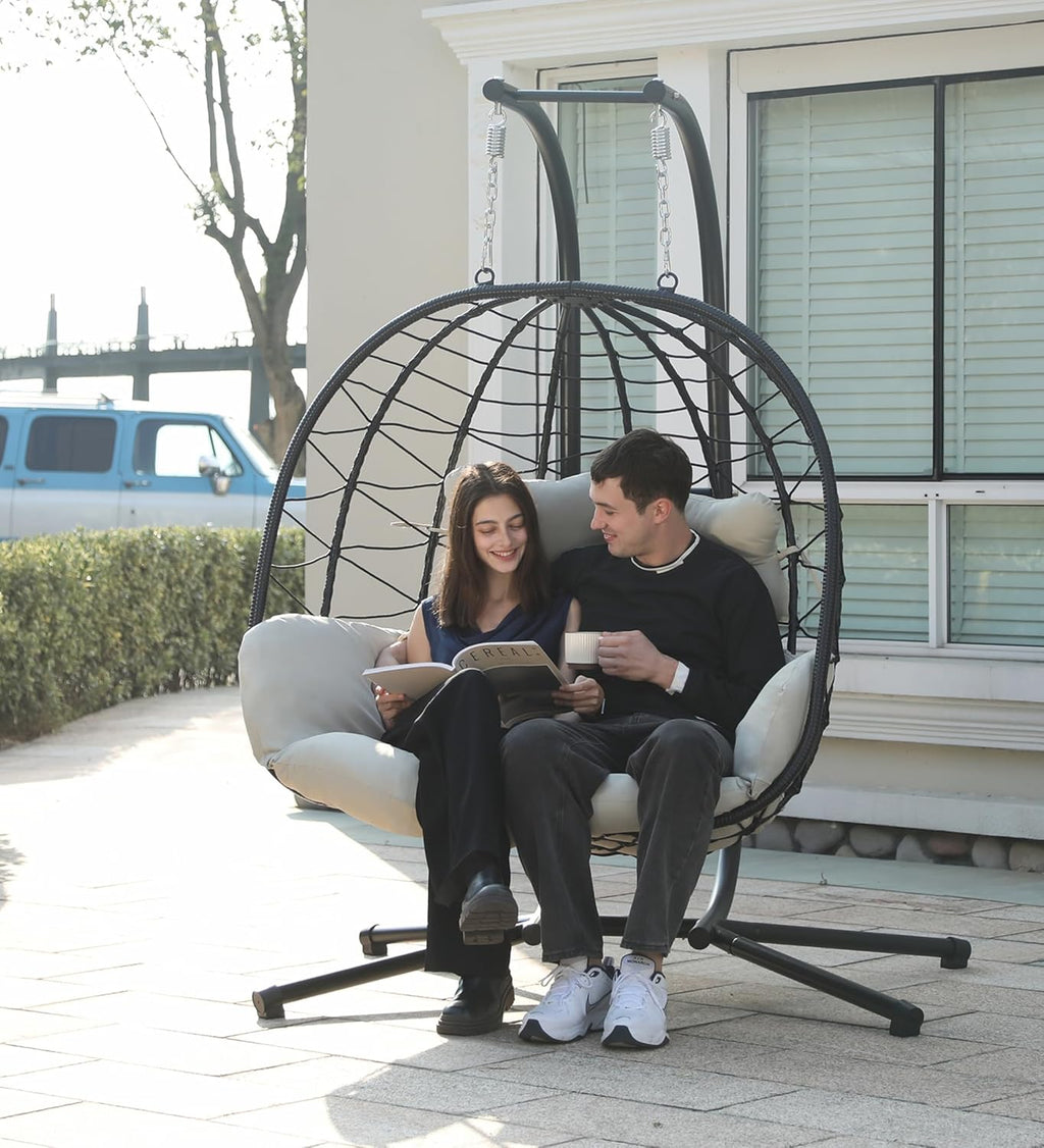 Double Egg Chair Hammock Swing Chair Foldable Hanging Loveseat UV Resistant Cushions wourant