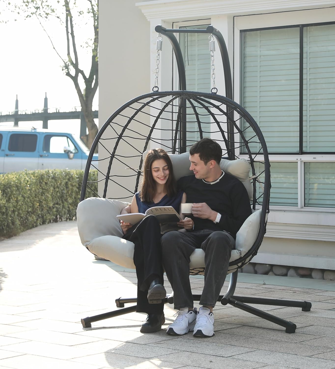 Double Egg Chair Hammock Swing Chair Foldable Hanging Loveseat UV Resistant Cushions wourant