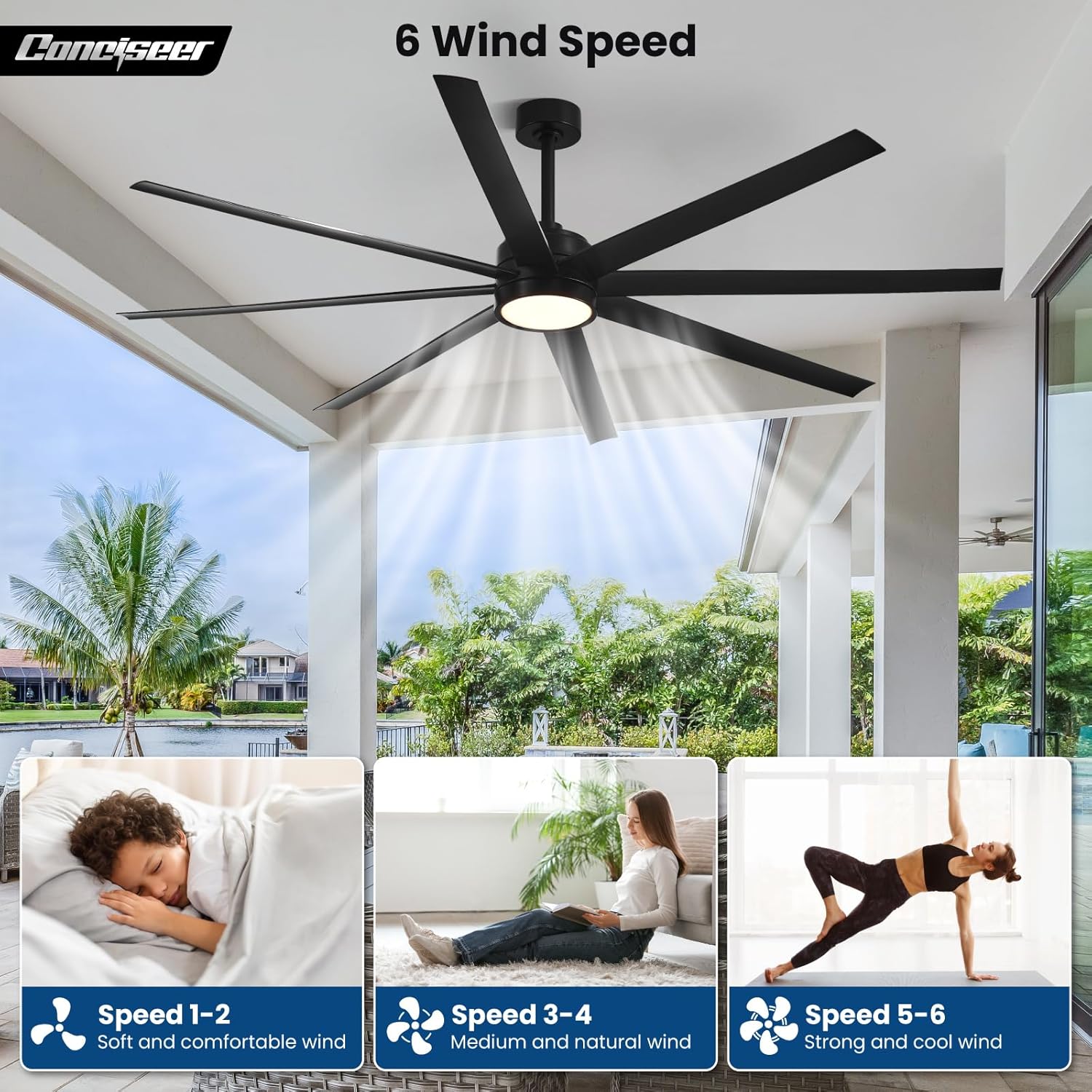 Modern Ceiling Fans with Lights, 72 Inch Ceiling Fan with Light and Remote, Bedroom Living Room Library Cafe Outdoor/Industrial,24W 3CCT Dimmable, 8 Blades 6 Speed Reversible Quiet DC Motor, Black wourant