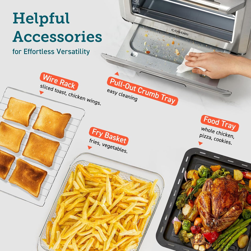 COSORI Smart 12-in-1 Air Fryer Toaster Oven Combo, Airfryer Convection Oven Countertop, Bake, Roast, Reheat, Broiler, Dehydrate, 75 Recipes & 3 Accessories, 26QT, Silver-Stainless Steel wourant