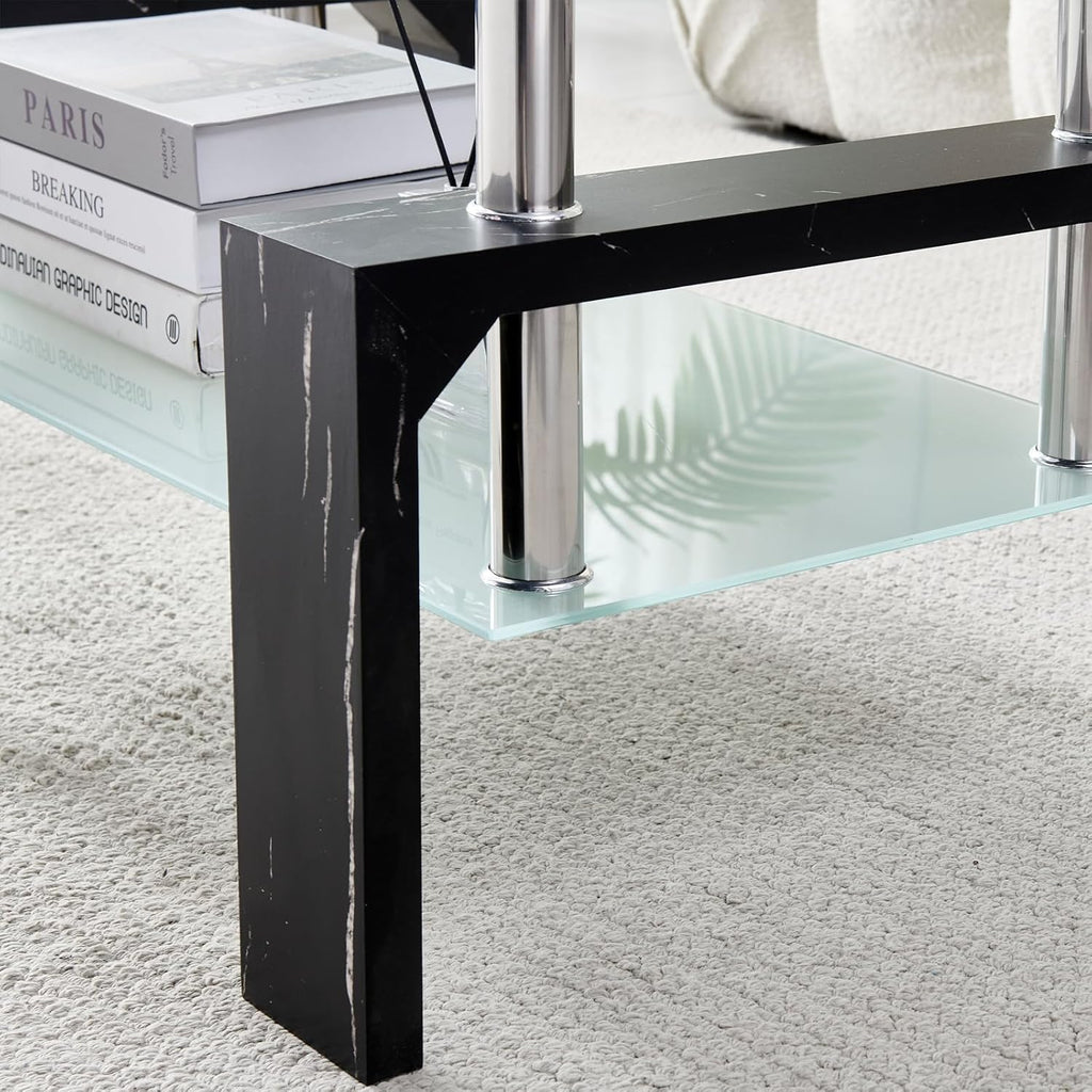 Living Room Rectangle Coffee Table, Tea Table Suitable for Waiting Room, Modern Side Coffee Table with Wooden Leg, Glass Tabletop wourant