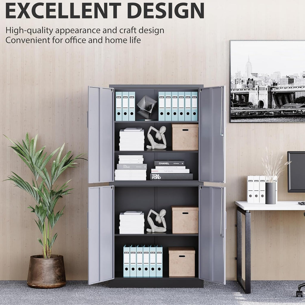 Metal Storage Cabinet with 2 Doors and 6 Shelves, Black Metal Cabinet with Lock, 71 Inch Lockable Garage Storage Cabinet wourant