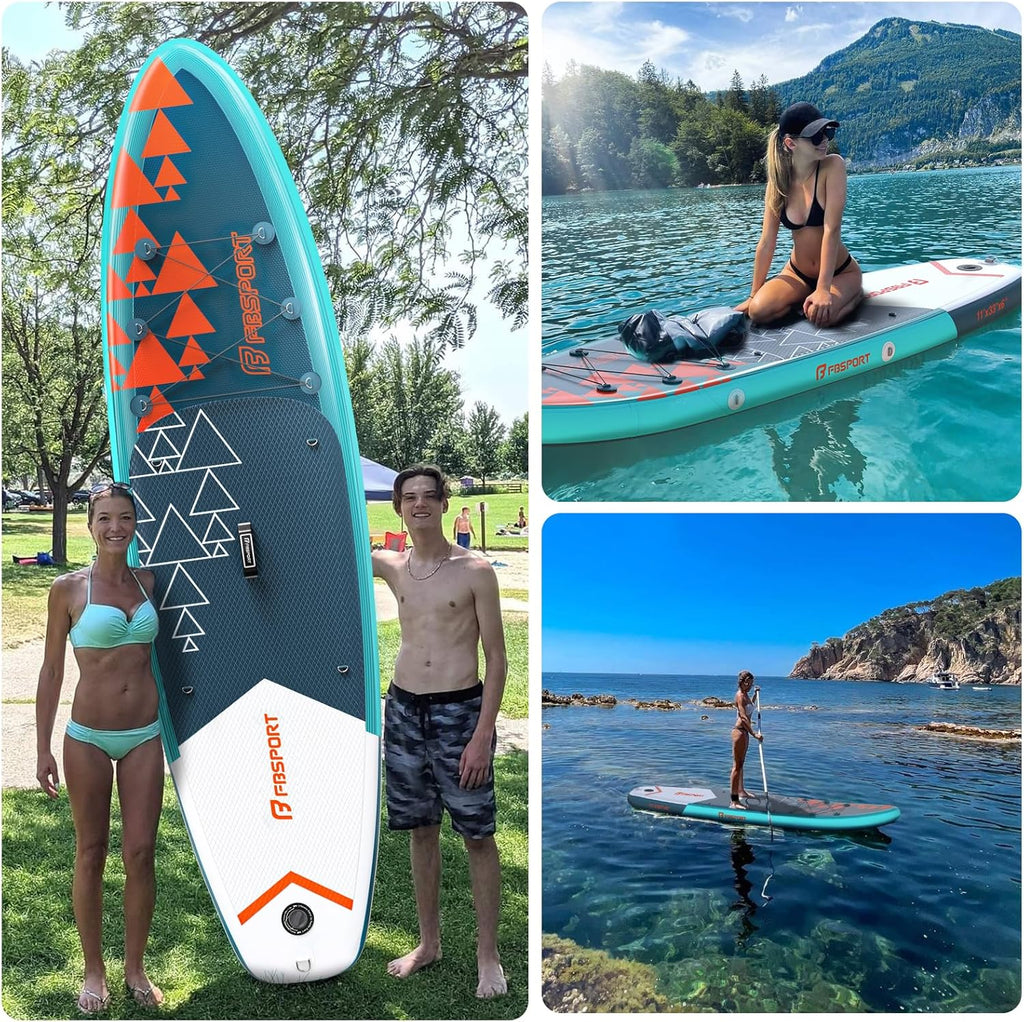 FBSPORT 11' Premium Stand Up Paddle Board, Yoga Board with Durable SUP Accessories & Carry Bag | Wide Stance, Surf Control, Non-Slip Deck, Leash, Paddle and Pump for Youth & Adult wourant