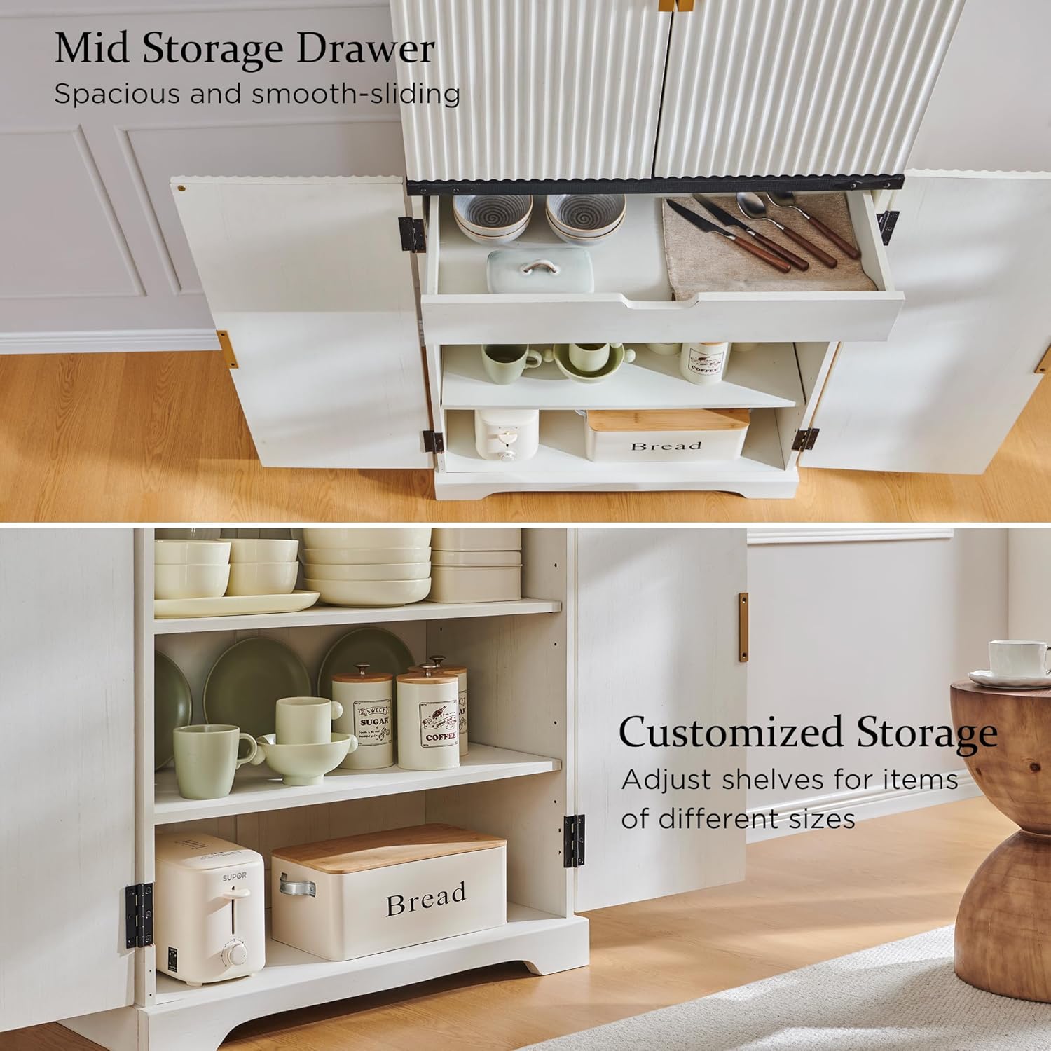 Fluted Pantry Cabinet, 72" Tall Modern Storage Cabinet with 4 Doors, Organizer, Drawer and Adjustable Shelves, Wood Cupboard wourant
