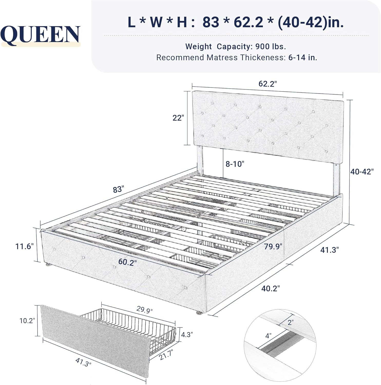 Allewie Upholstered Queen Size Platform Bed Frame with 4 Storage Drawers and Headboard wourant