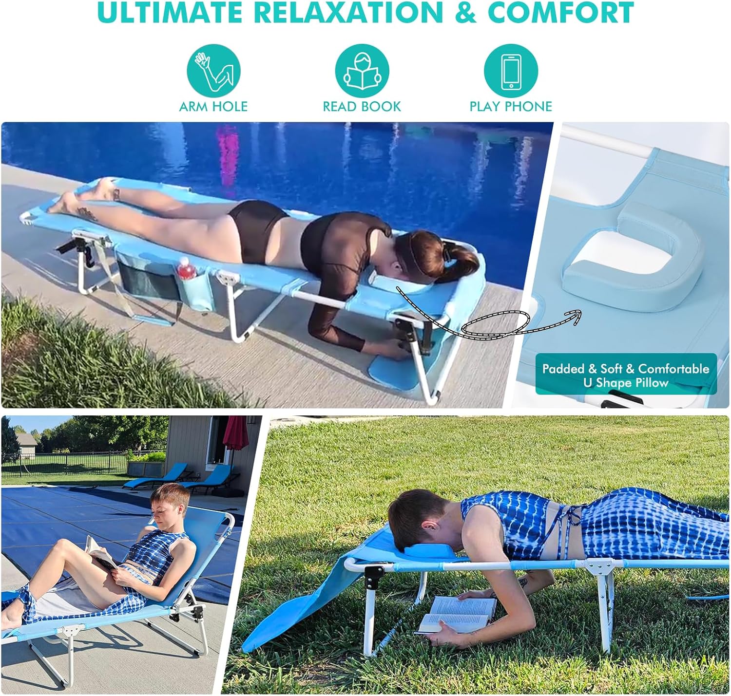 Tanning Chair with Sun Canopy Face Hole, Heavy Duty Folding Chaise Lounge Chair 5 Position Reclining for Adults Outside Reading Sunbathing Poolside Camping Beach, UPF 50+ Sun Shade, 300 LBS wourant