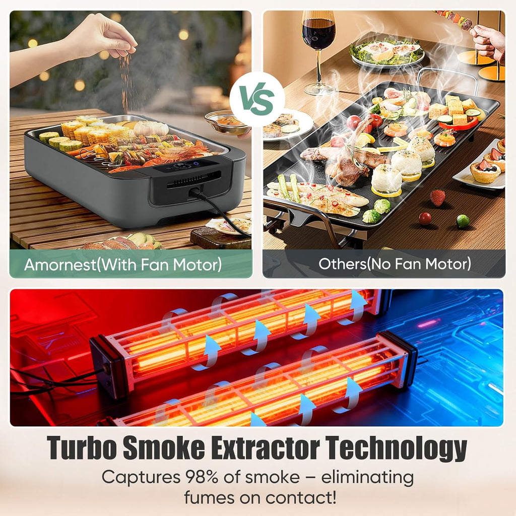 Smokeless Indoor Grill, Electric Indoor Grill for Korean BBQ with Dual-Turbo Smoke Extractor, LED Smart Display & Dual-Zone Nonstick Grill Plates, 6-Level Temp Control, Dishwasher Safe woonhhop
