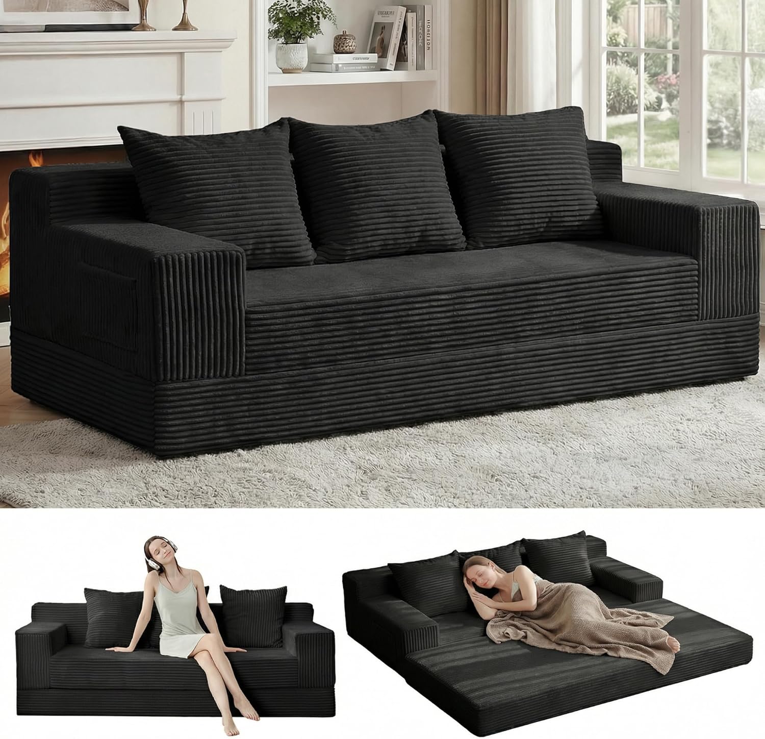 Loveseat Boneless Convertible Sofa Bed, Folding Floor Futon Sleeper Sofa Couch Bed- Boneless Foldable Couch, Corduroy Pull Out Sofa Bed with 2 Pillows for Living Room & Bedroom wourant
