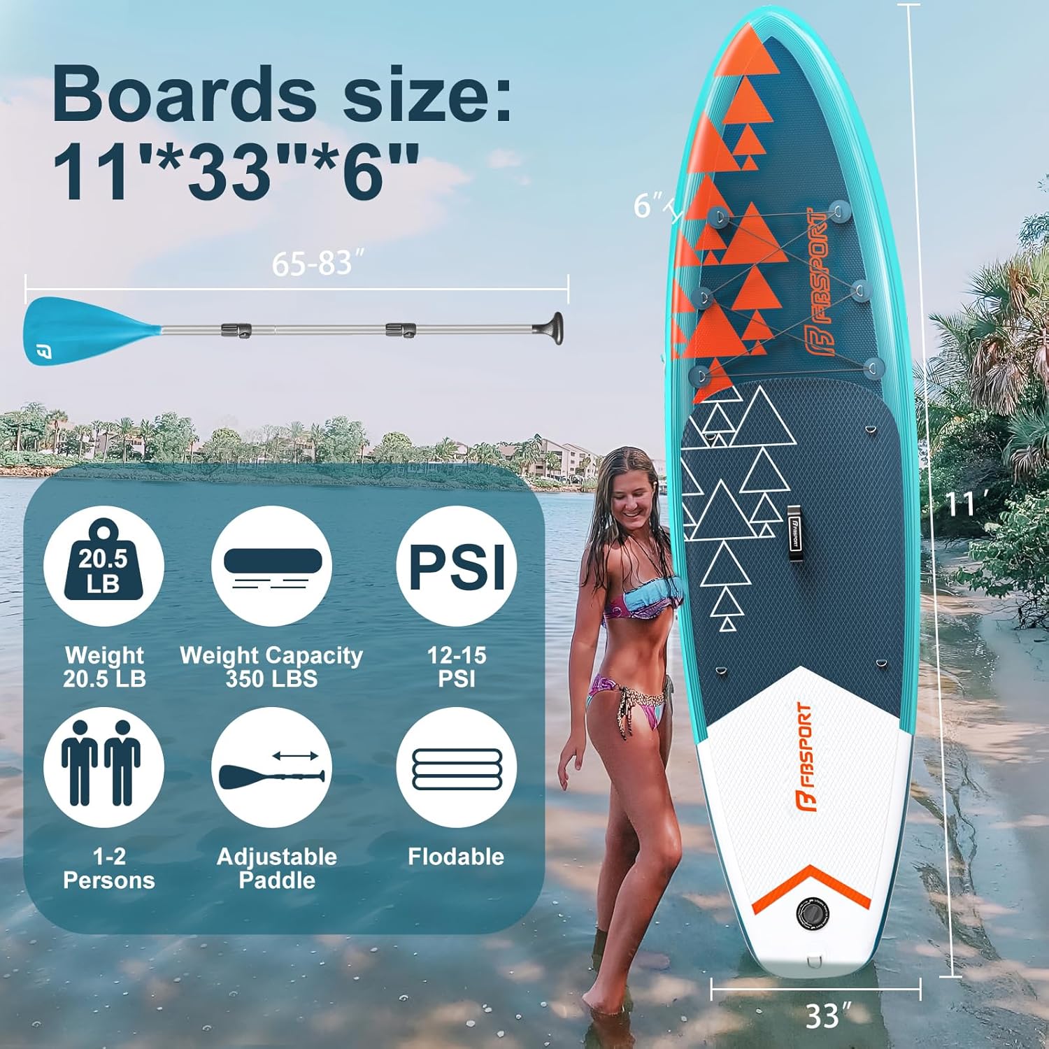 FBSPORT 11' Premium Stand Up Paddle Board, Yoga Board with Durable SUP Accessories & Carry Bag | Wide Stance, Surf Control, Non-Slip Deck, Leash, Paddle and Pump for Youth & Adult wourant