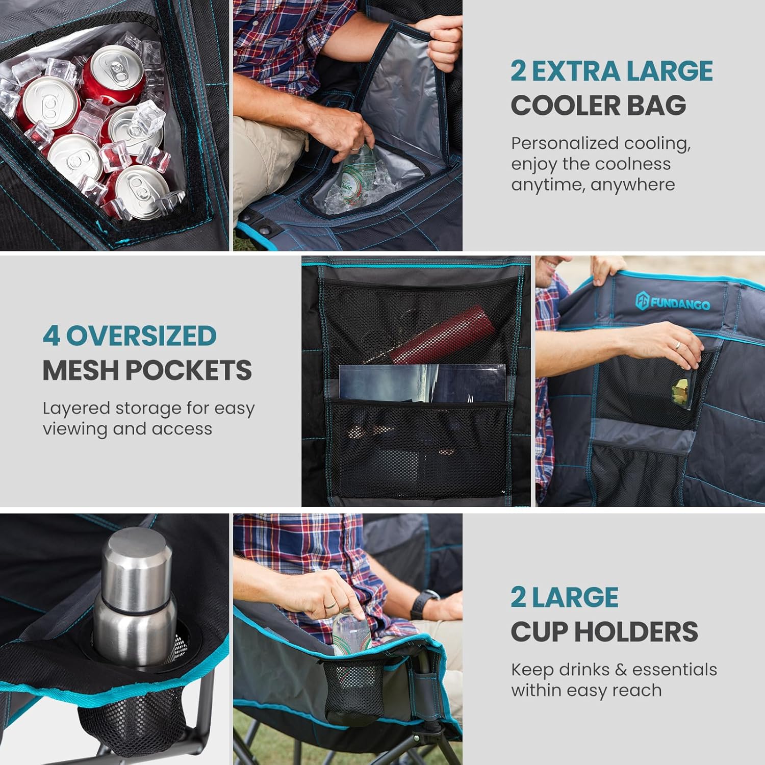Double Camping Chair with Cooler 3-Person Folding Extra Large Camping Chair with 1000-Pound Load Capacity wourant