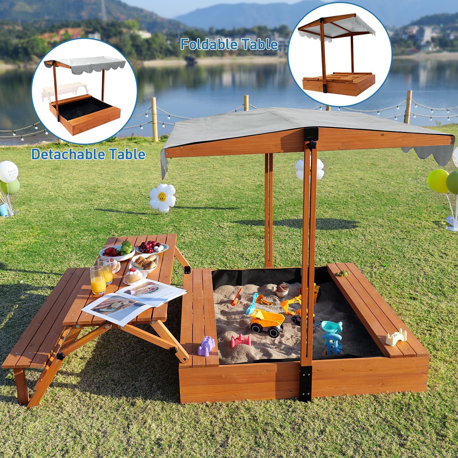Wooden Kids Sandbox with Lid Outdoor Sand Box with Picnic Table Foldable, Sandpit with Cover Ages 4-8, Adjustable Canopy Bottom Liner for Backyard Garden wourant