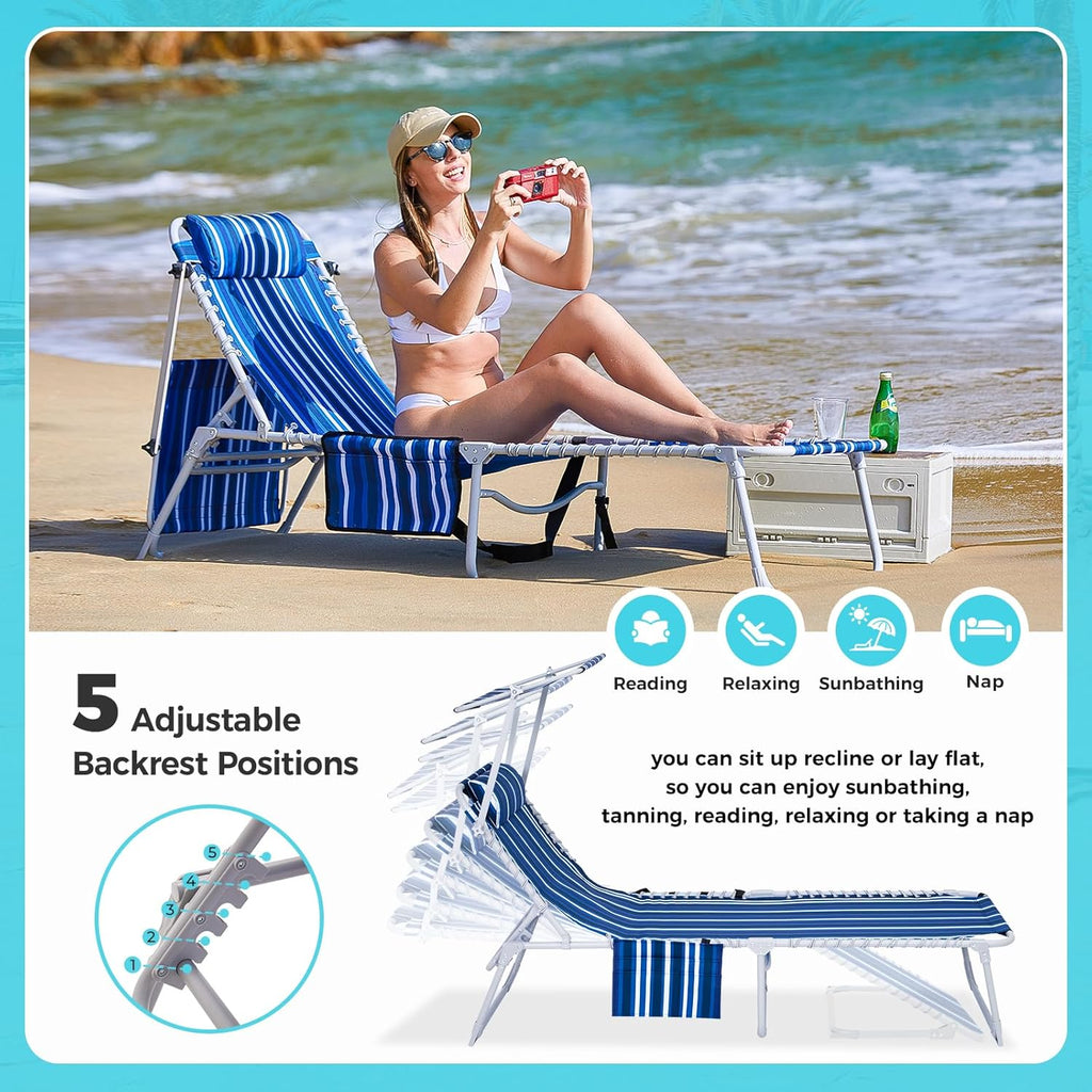 2 Pack Outdoor Chaise Lounge Chair - Portable Folding Patio Pool Lounge Chair, 5 Positions Adjustable Reclining Camping Chair with Side Table,Shoulder Strap, Pillow for Beach Sunbathing Lawn wourant