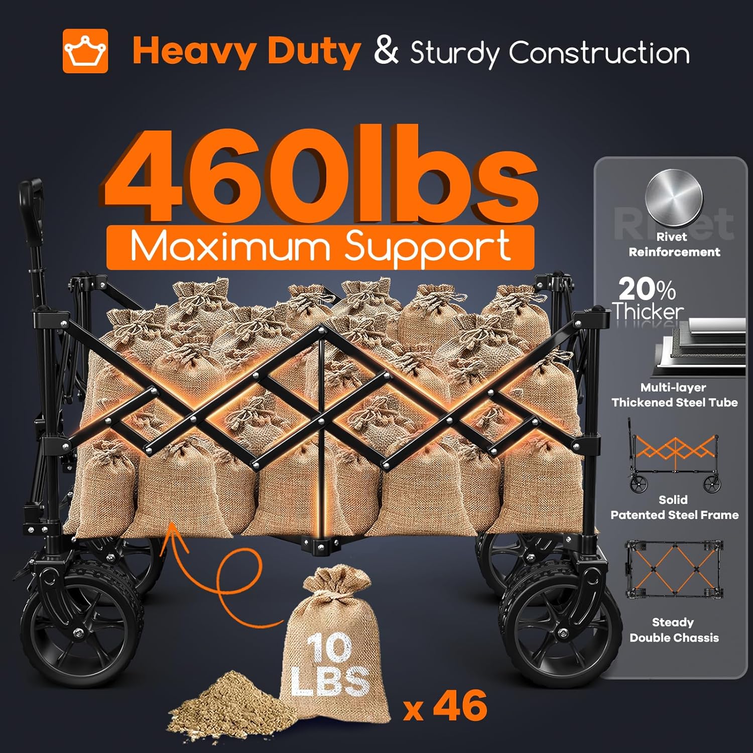 38" long foldable four-wheel stroller, foldable, 460 lb capacity, 220 liter heavy-duty folding beach stroller with large all-terrain tires wourant