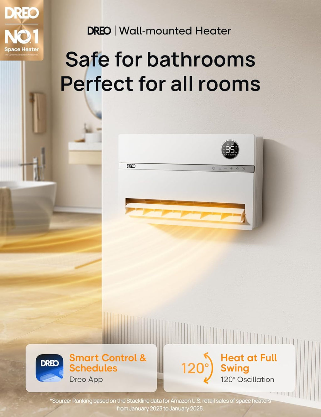 Smart wall mounted heater, bedroom electric heater, 1500W adjustable thermostat 24-hour timer easy to install indoor heater wourant