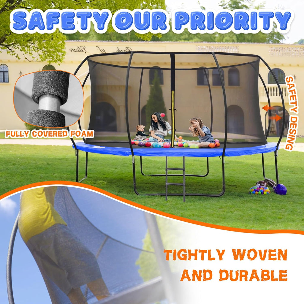 Trampoline 8FT 10FT 12FT 14FT 16FT, Recreational Trampolines with Enclosure Net and Ladder, Outdoor Anti-Rust Trampolines for Kids and Adults, ASTM Approved wourant